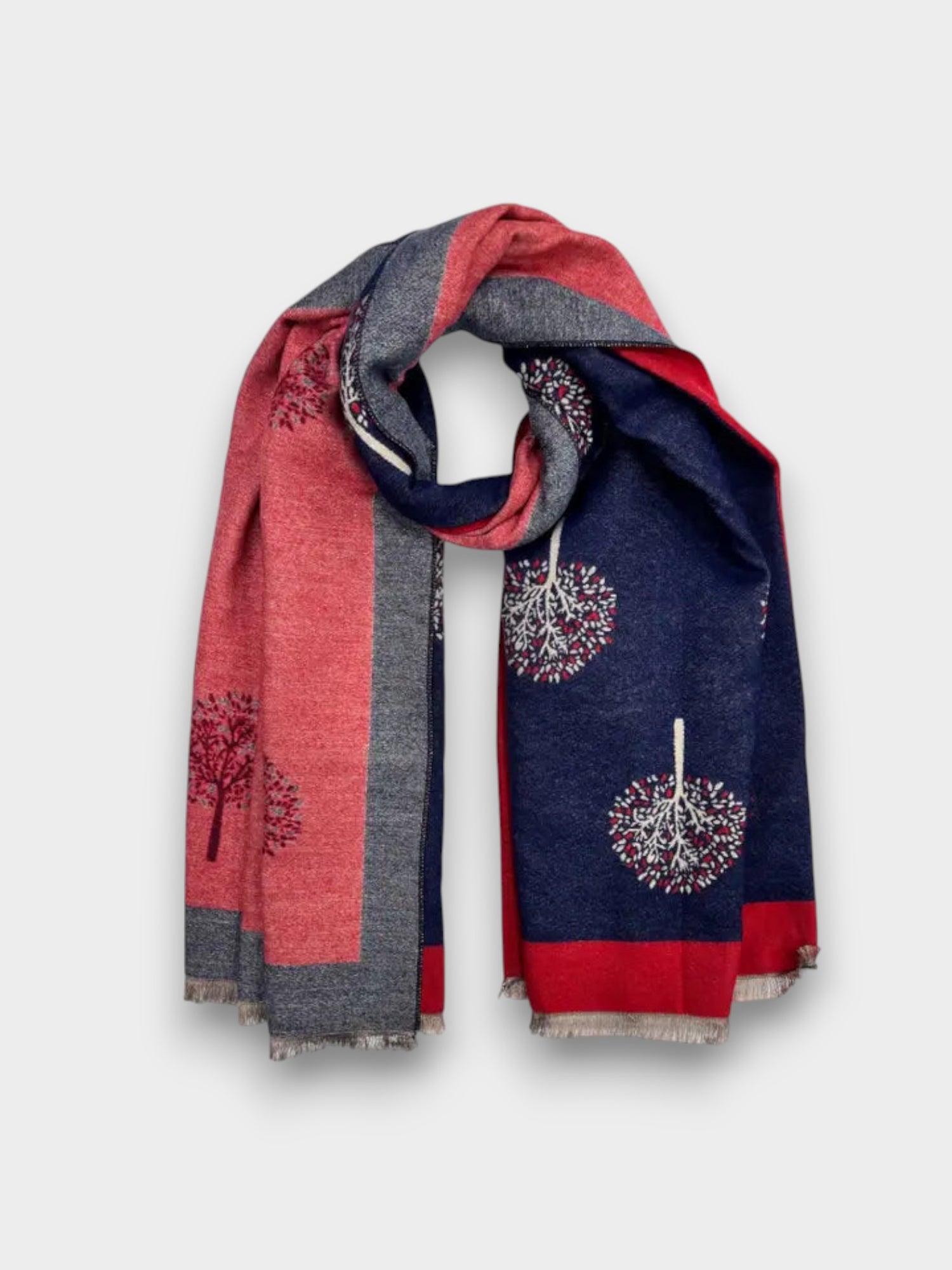New Tree Print With Border Cashmere Mix 2 Tone Reversible Winter Scarf - Navy Burgundy