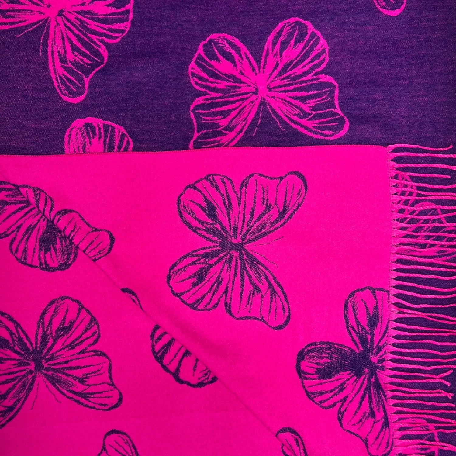 Butterfly Print Cashmere Blend Winter Scarf with Tassels - Hot Pink