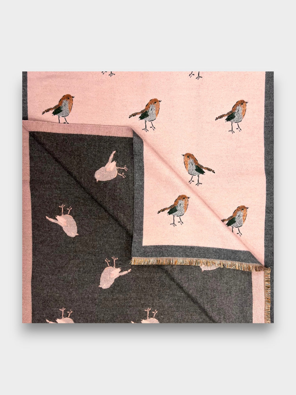 Robin Embroidered Print Winter Scarf on Reversible Cashmere Blend