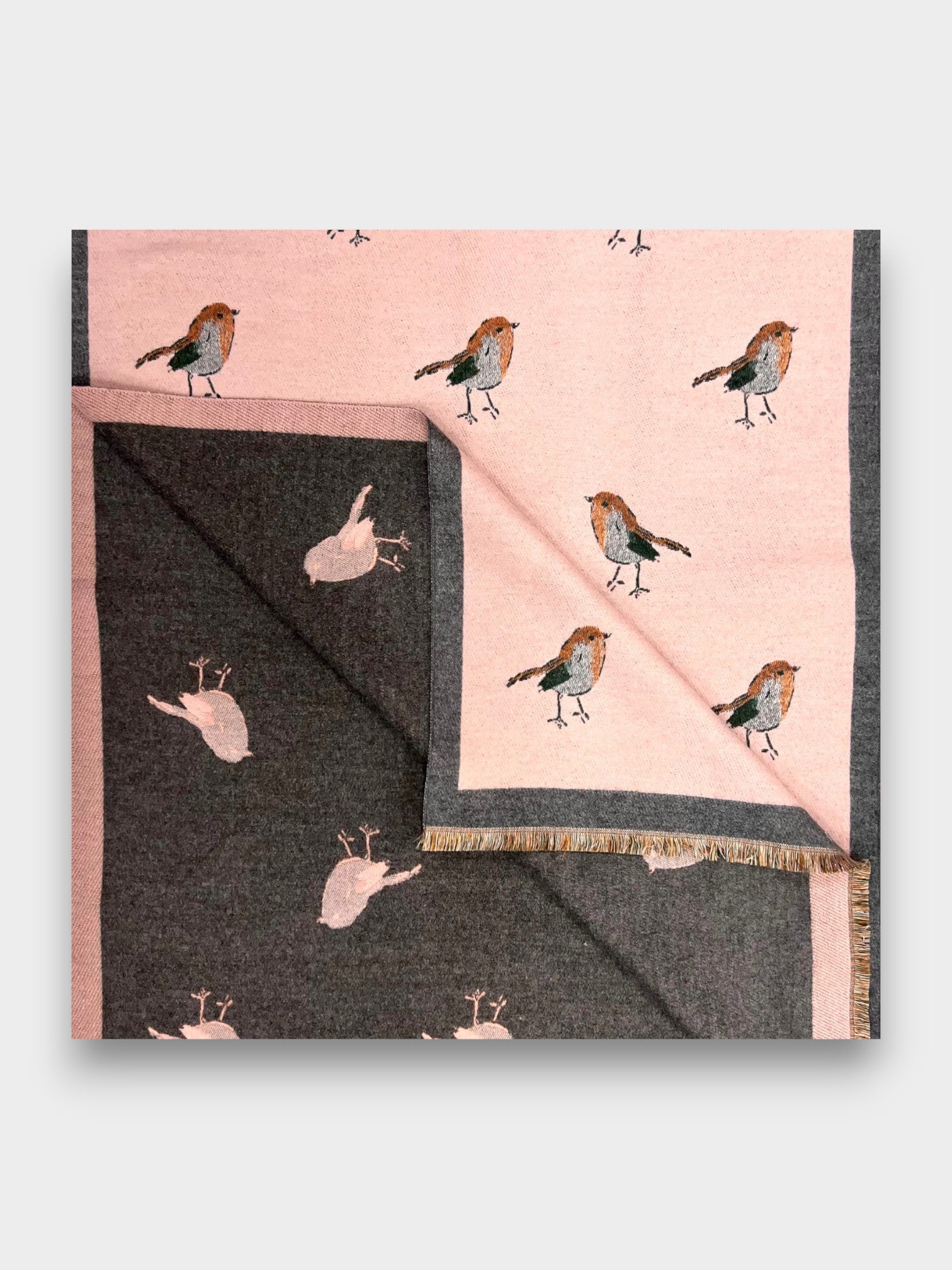 Robin Embroidered Print Winter Scarf on Reversible Cashmere Blend