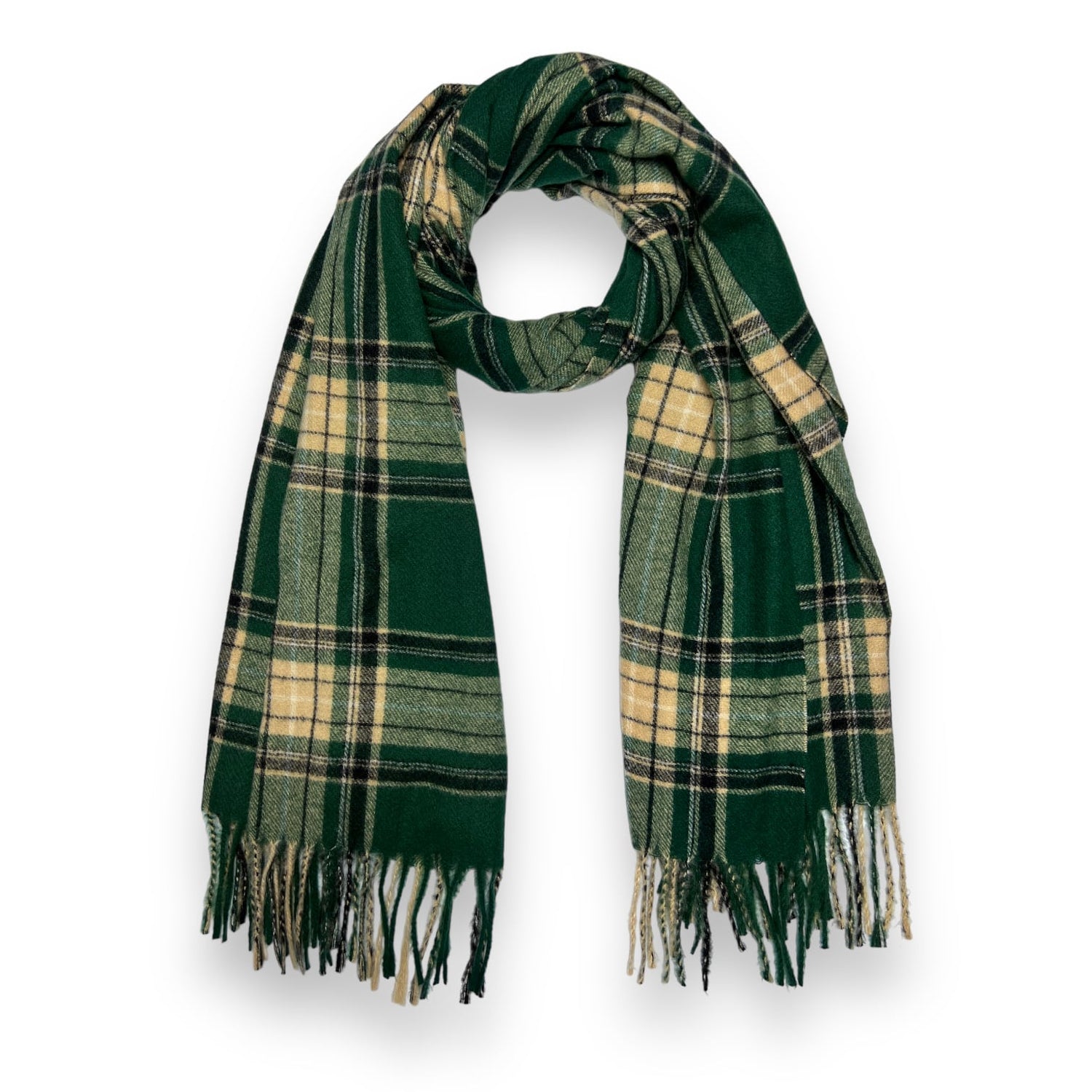 Tasselled Tartan Woven Winter Scarf - Green