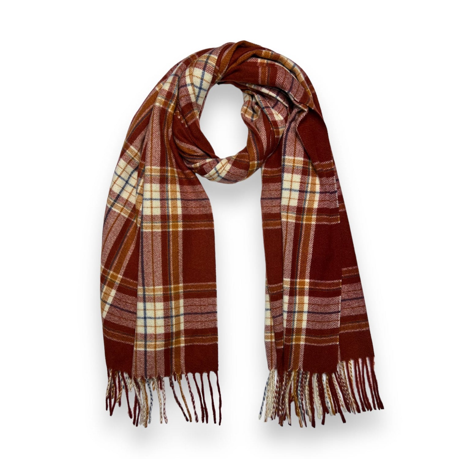 Tasselled Tartan Woven Winter Scarf - Rust