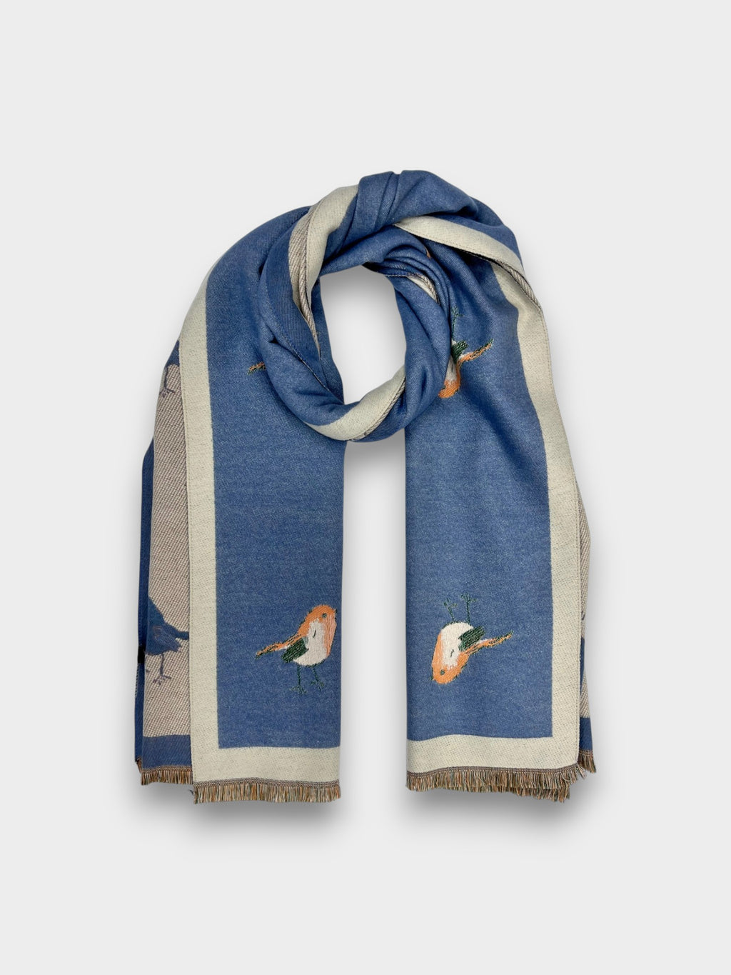 Robin Embroidered Print Winter Scarf on Reversible Cashmere Blend