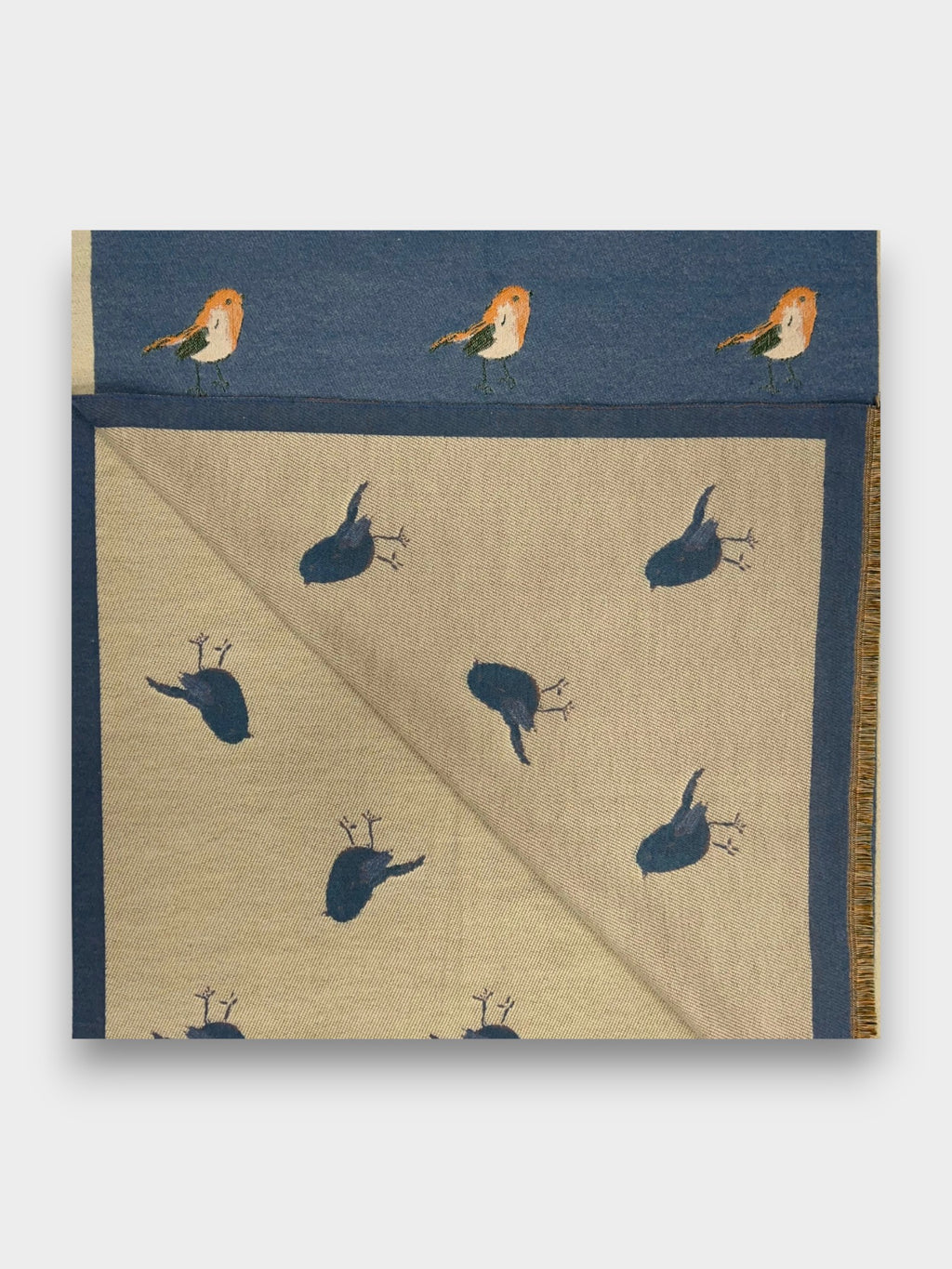 Robin Embroidered Print Winter Scarf on Reversible Cashmere Blend
