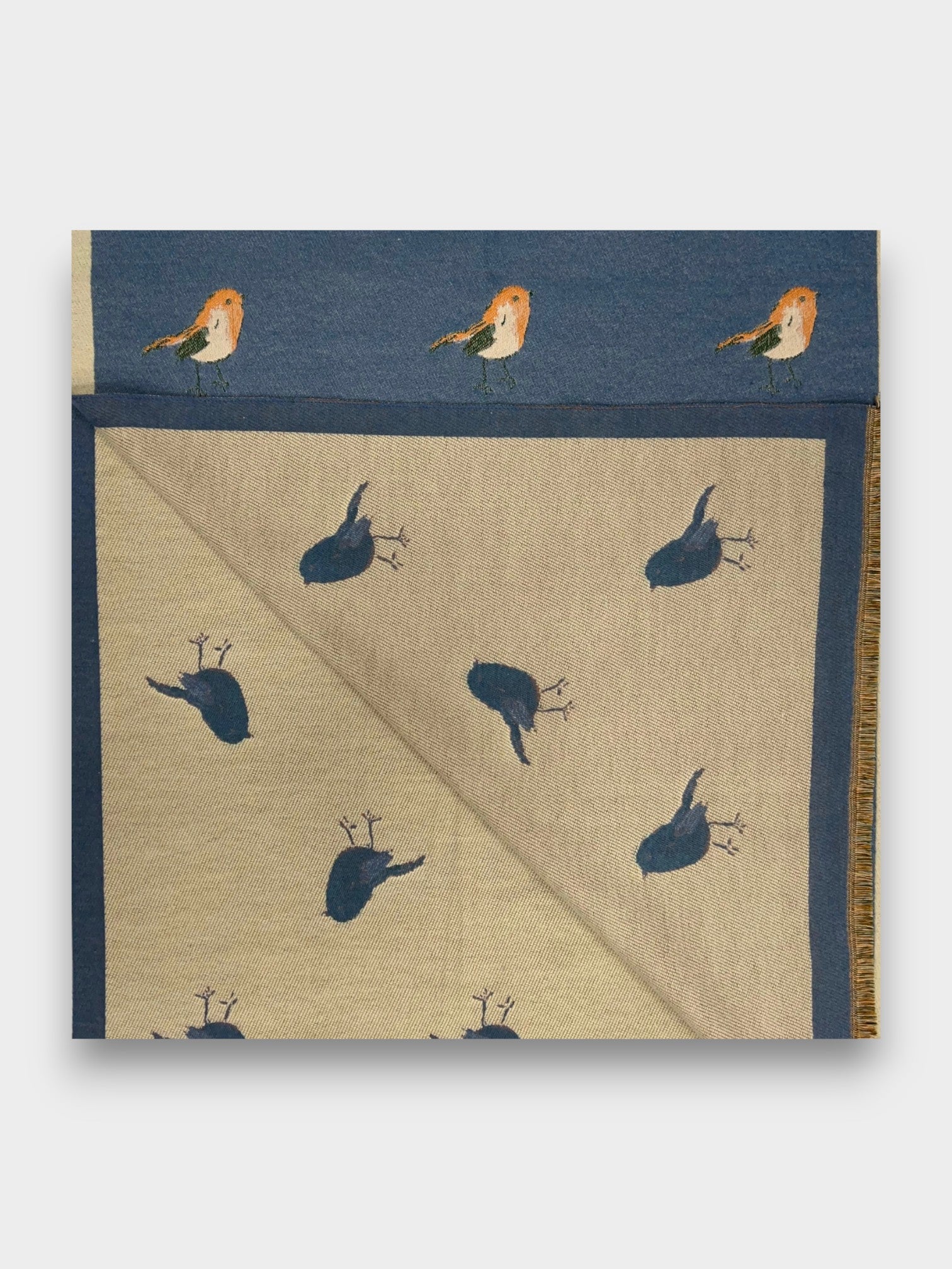 Robin Embroidered Print Winter Scarf on Reversible Cashmere Blend