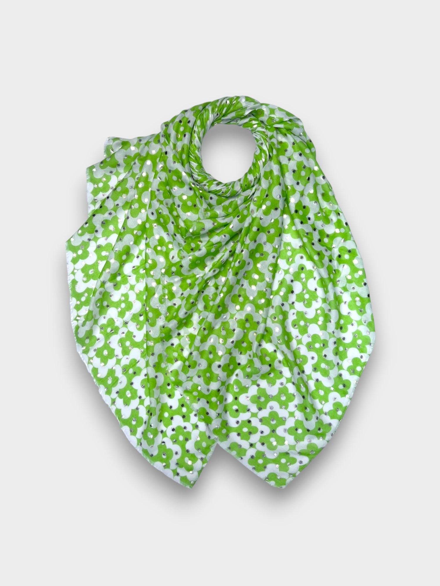 Clover print scarf finished with fringes - Green