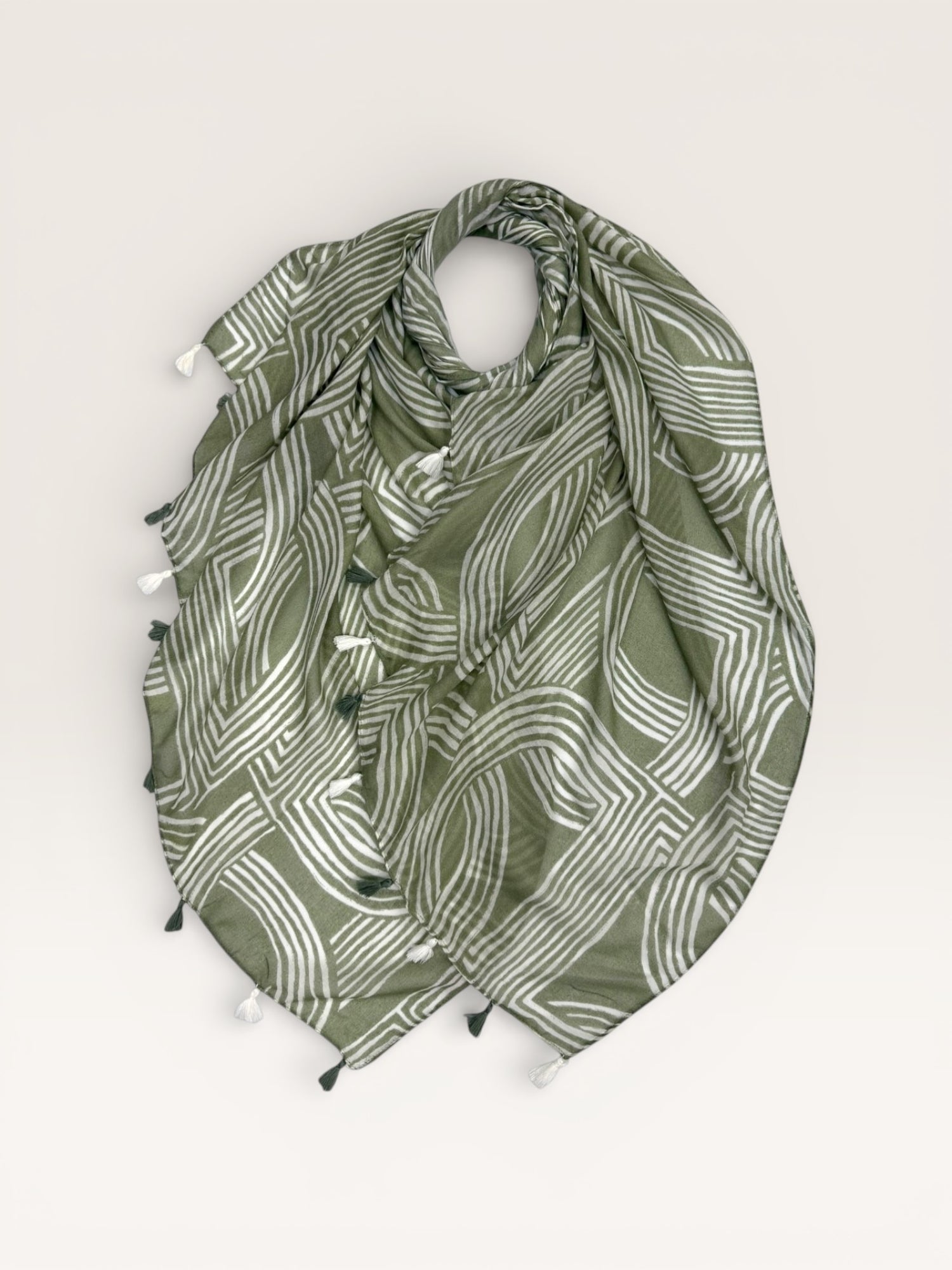 Abstract Line Print Tassel Scarf - Sage