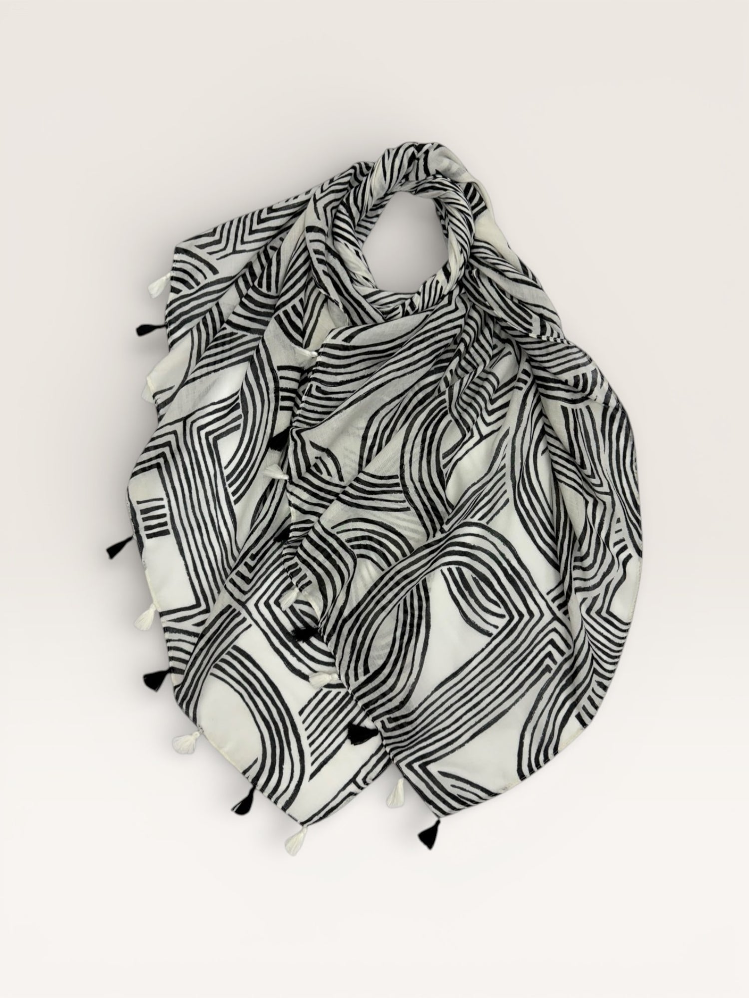 Abstract Line Print Tassel Scarf - Off-white