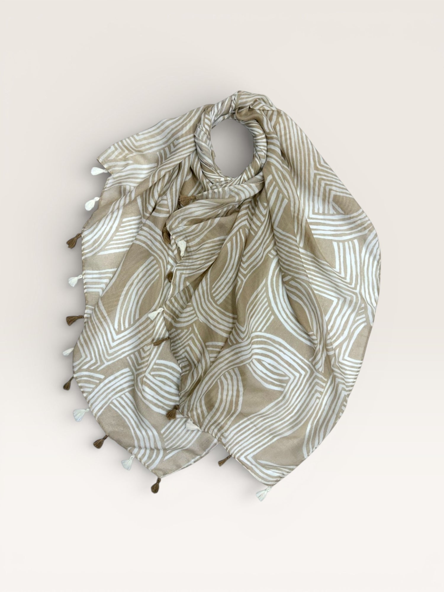 Abstract Line Print Tassel Scarf - Beige