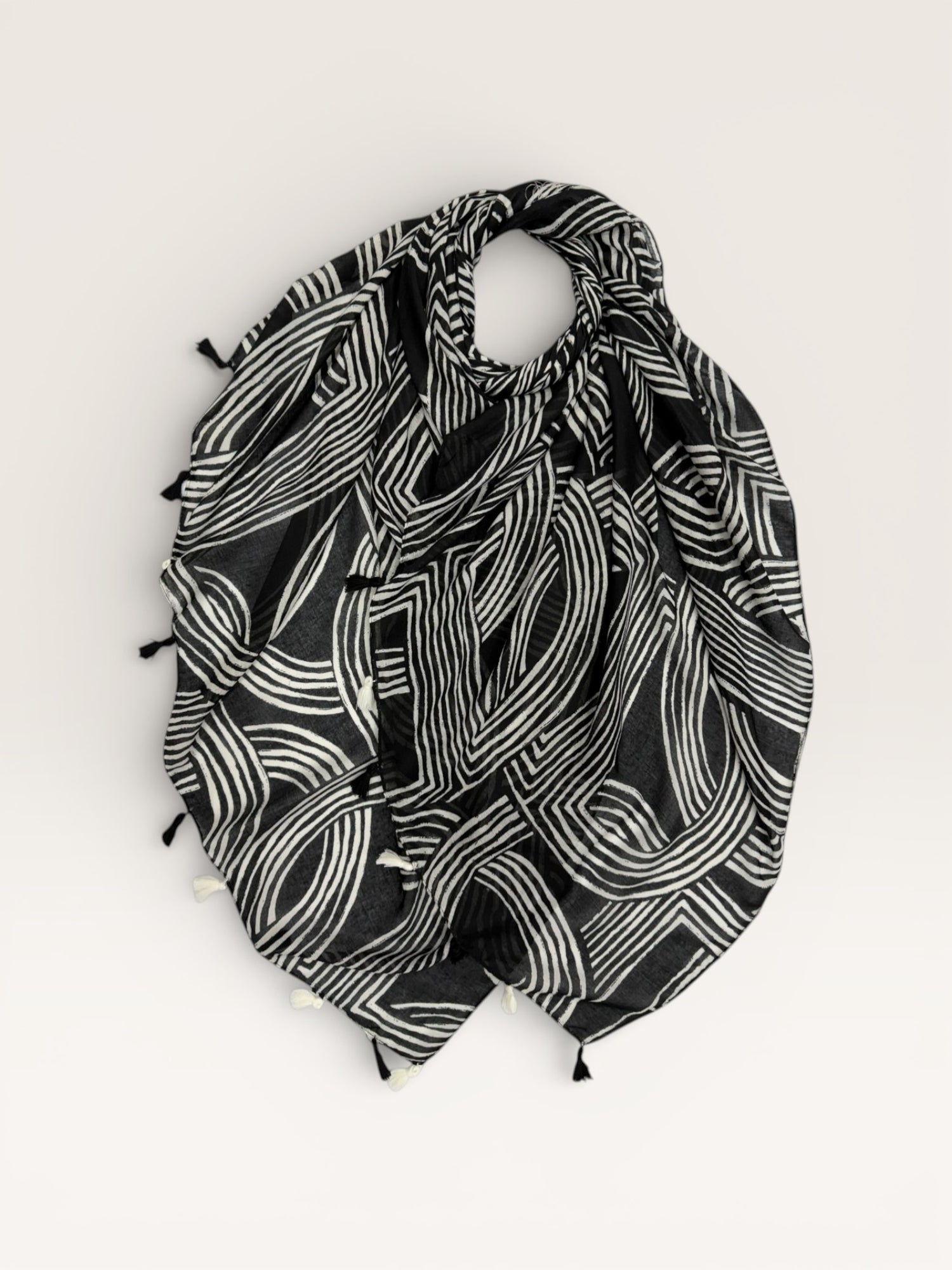 Abstract Line Print Tassel Scarf - Black