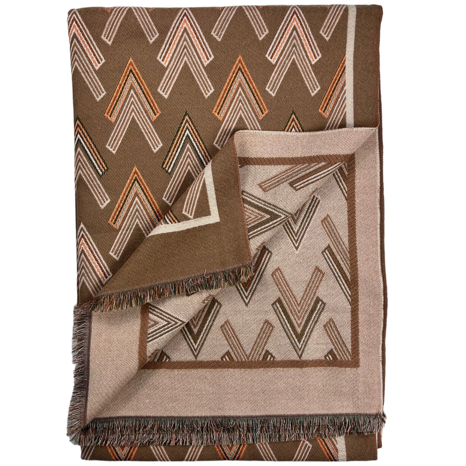 Multi Colourful Revisable Arrow Print Winter Scarf with Fringes - Beige