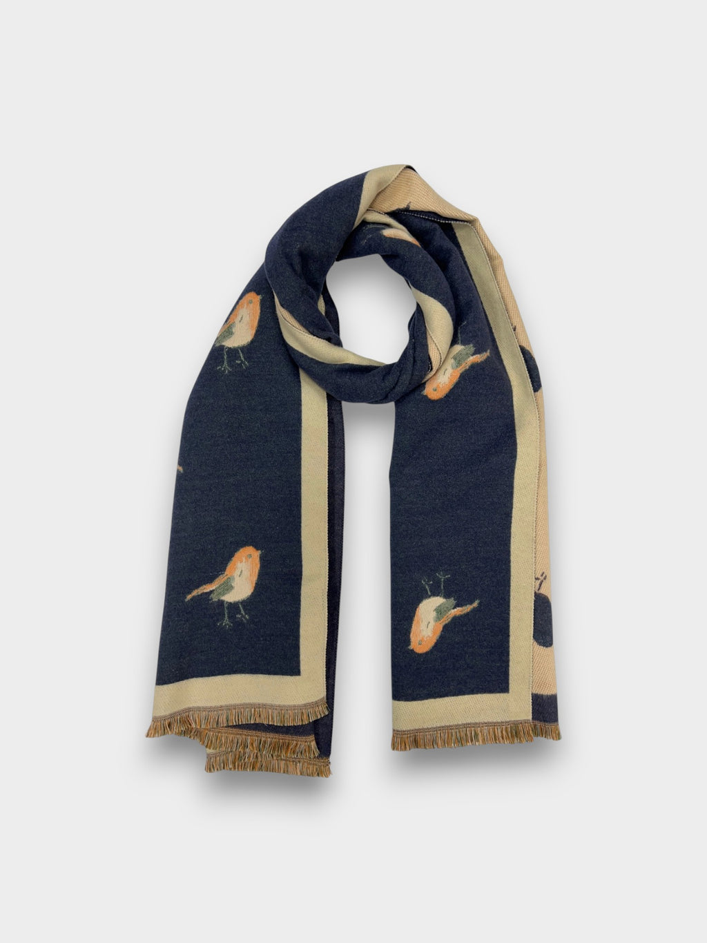Robin Embroidered Print Winter Scarf on Reversible Cashmere Blend