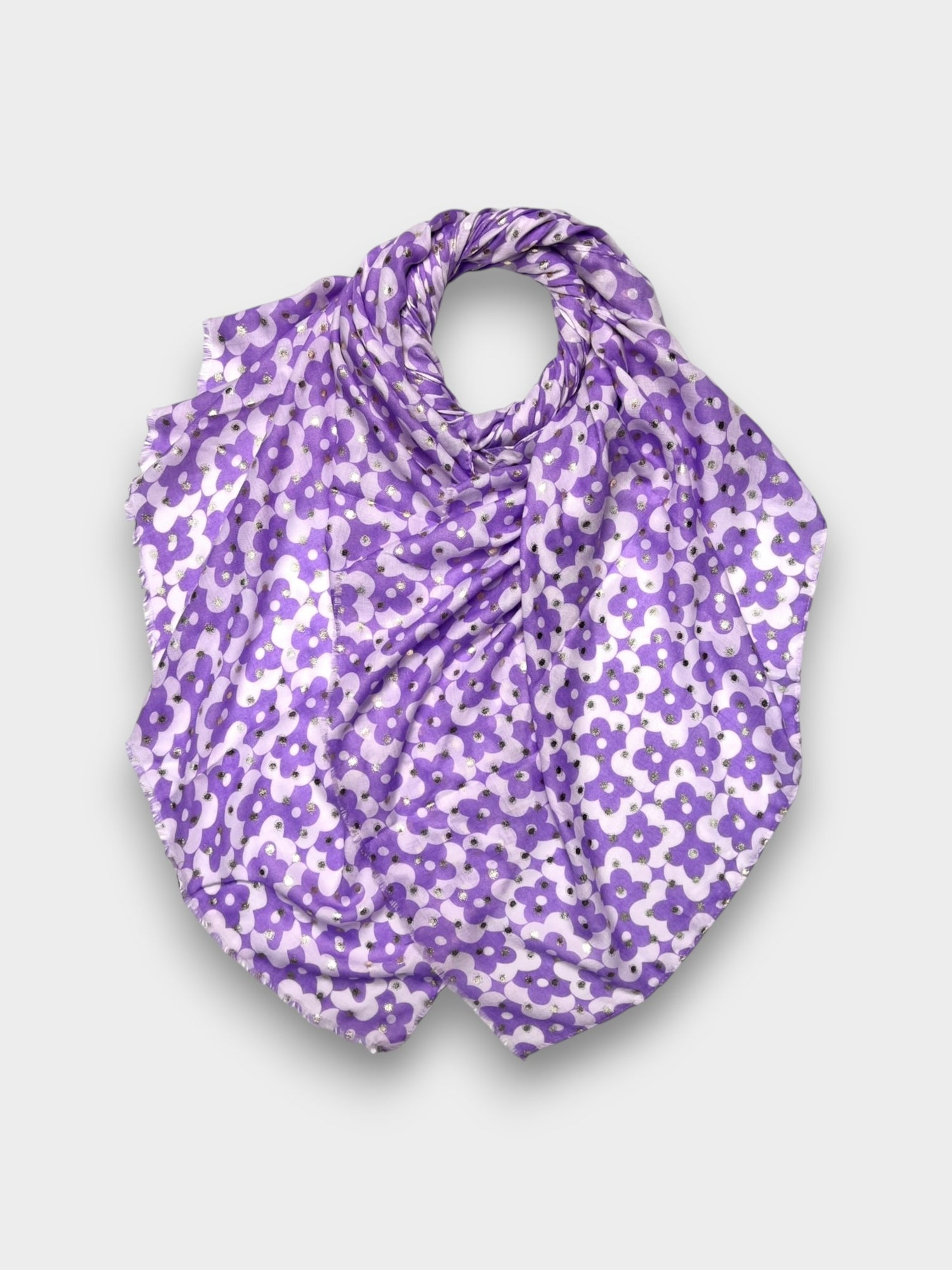 Clover print scarf finished with fringes - Purple