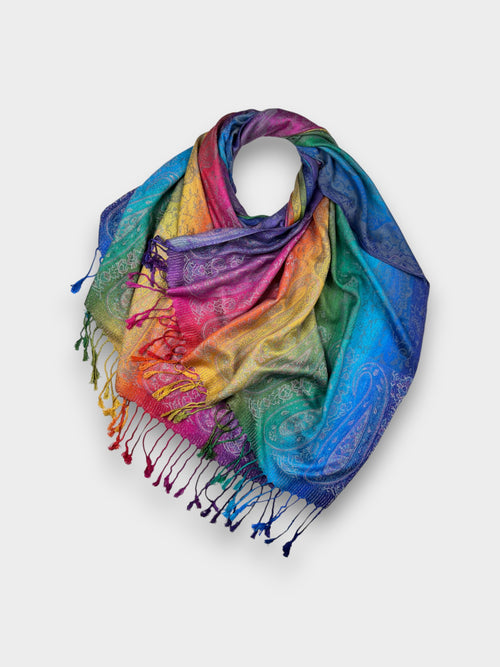Pashmina With Tassels - Rainbow Feather Print