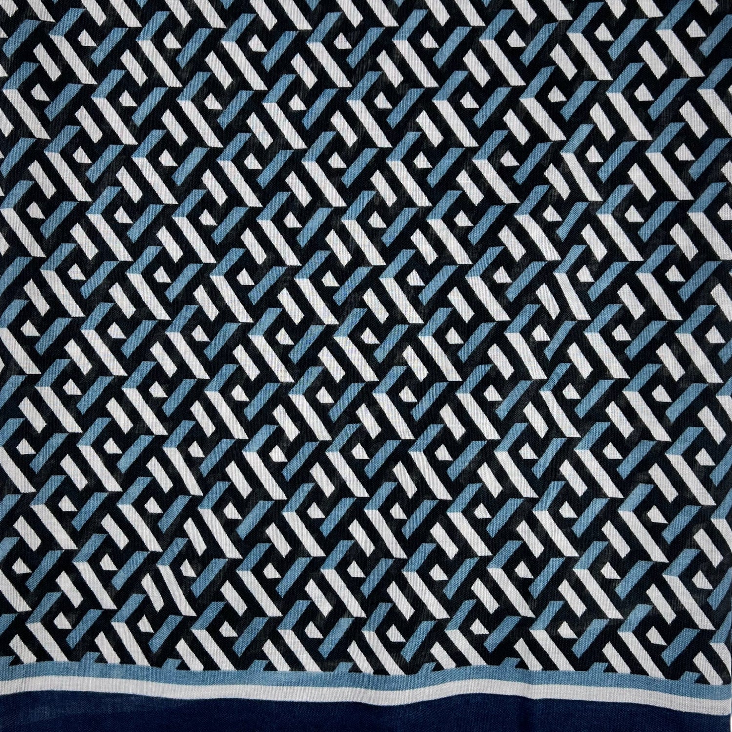 Printed Square Patterned Lightweight Scarf With Fringes - Navy