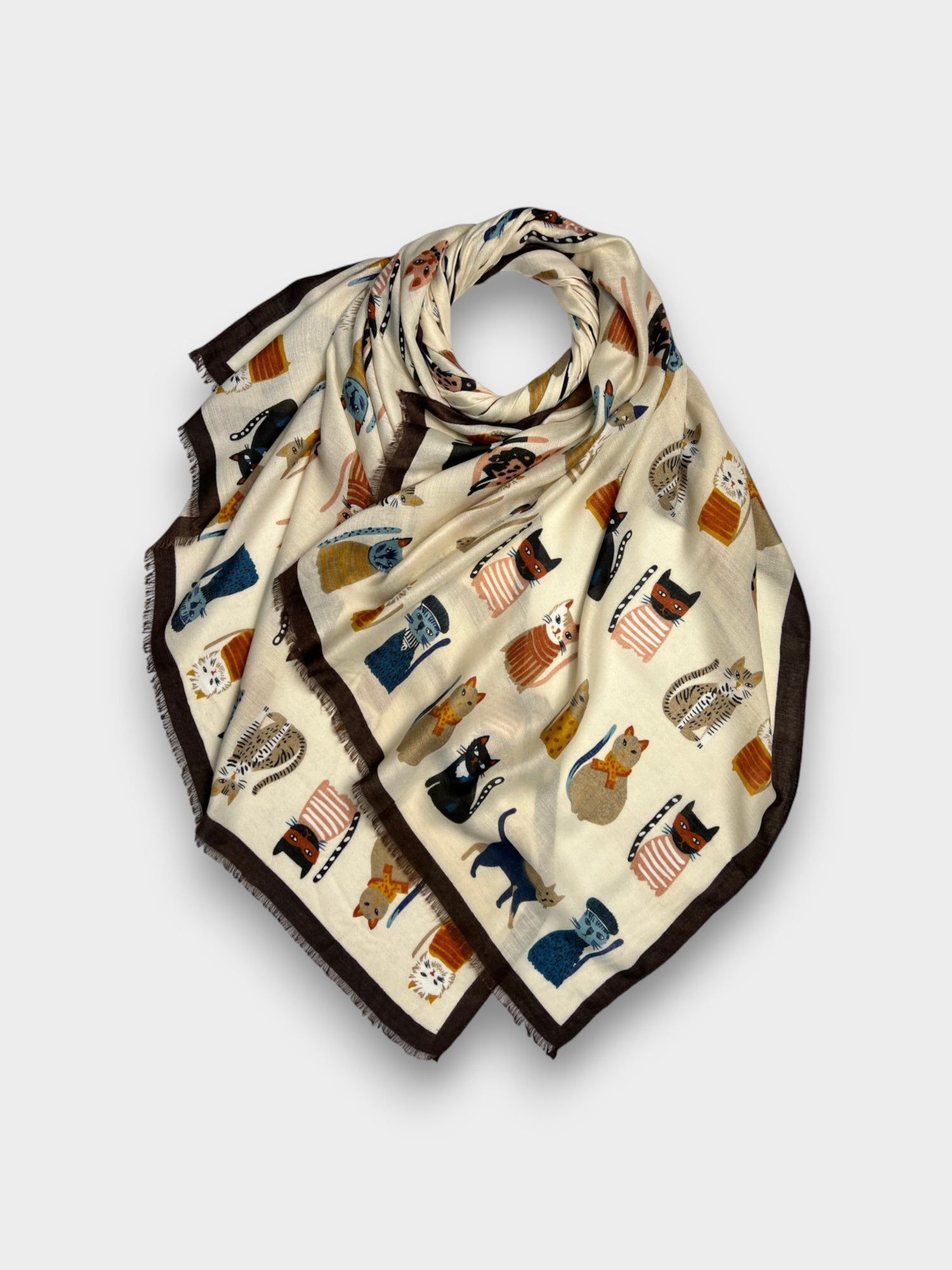 Cats Prints On Lightweight Scarf With Fringes - Mocca