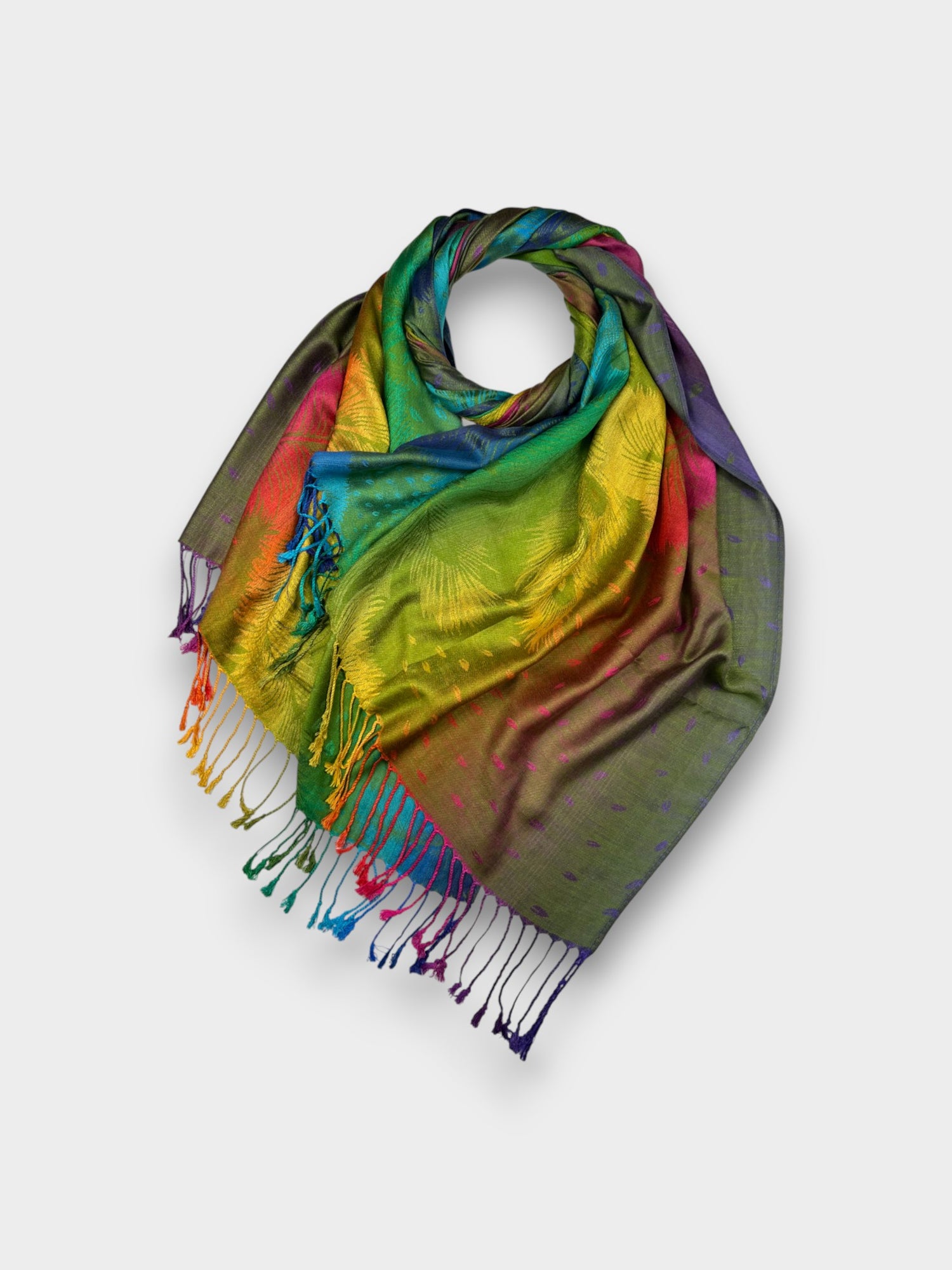 Pashmina With Tassels - Rainbow Feather Print - Green