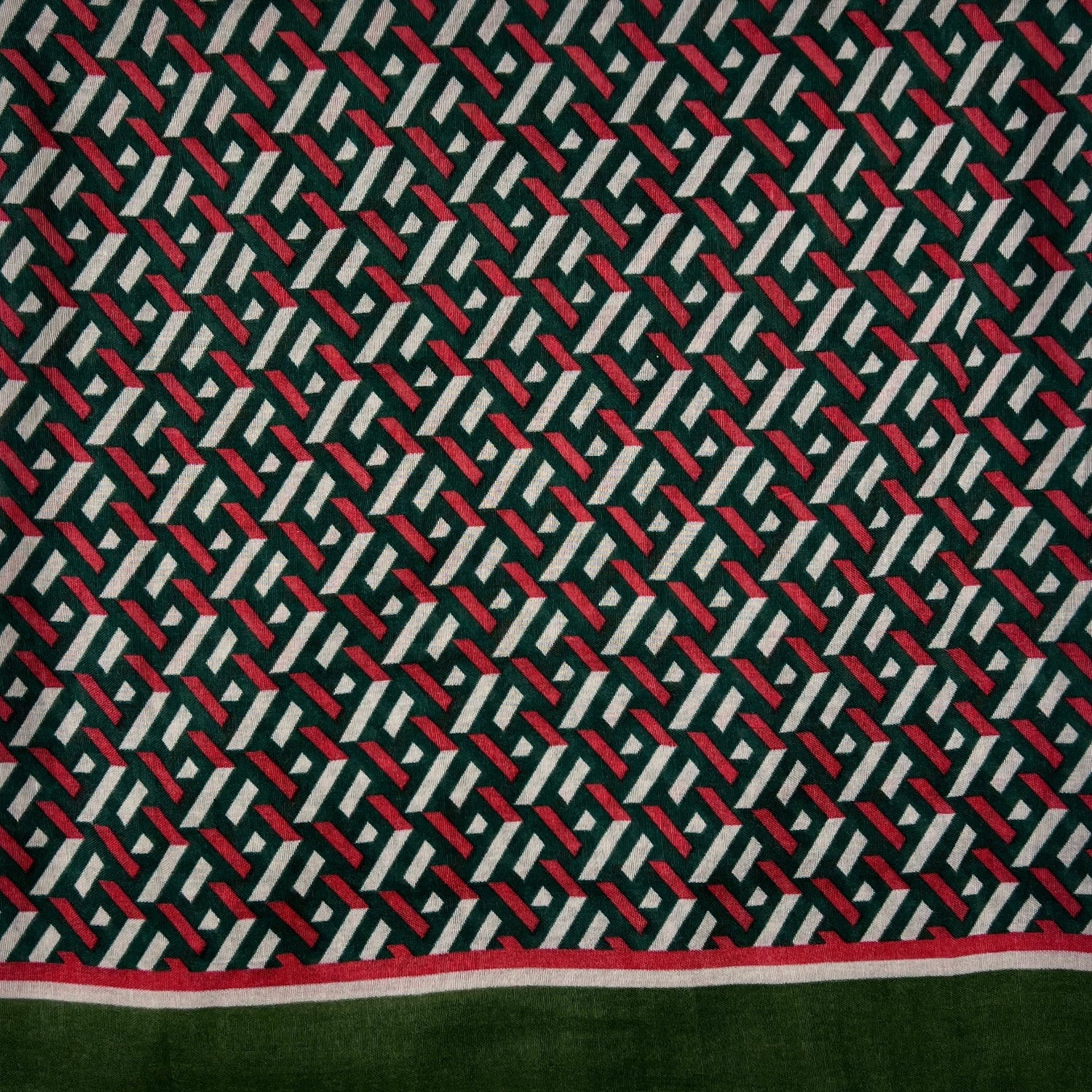 Printed Square Patterned Lightweight Scarf With Fringes - Green