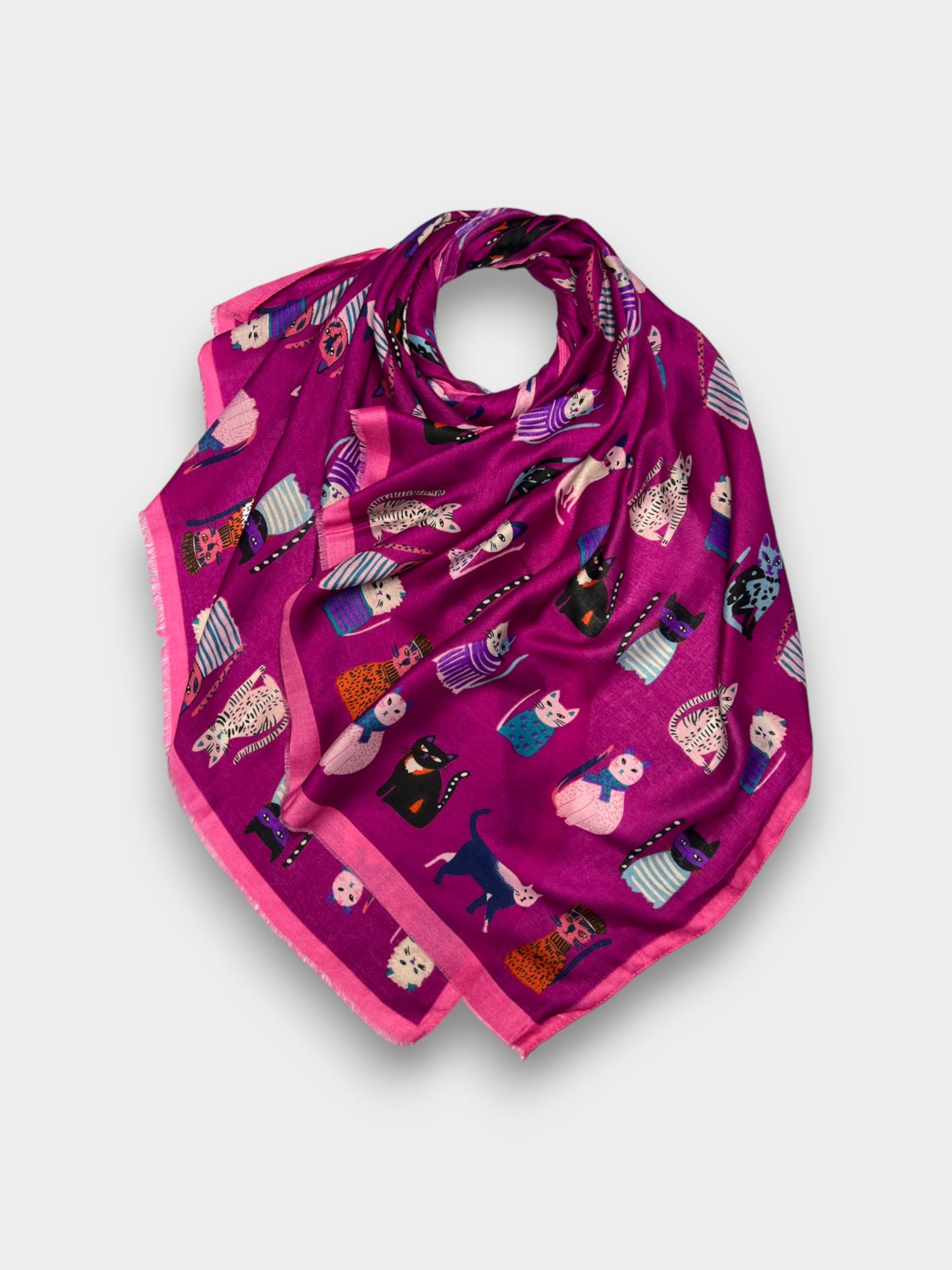 Cats Prints On Lightweight Scarf With Fringes - Fuscia
