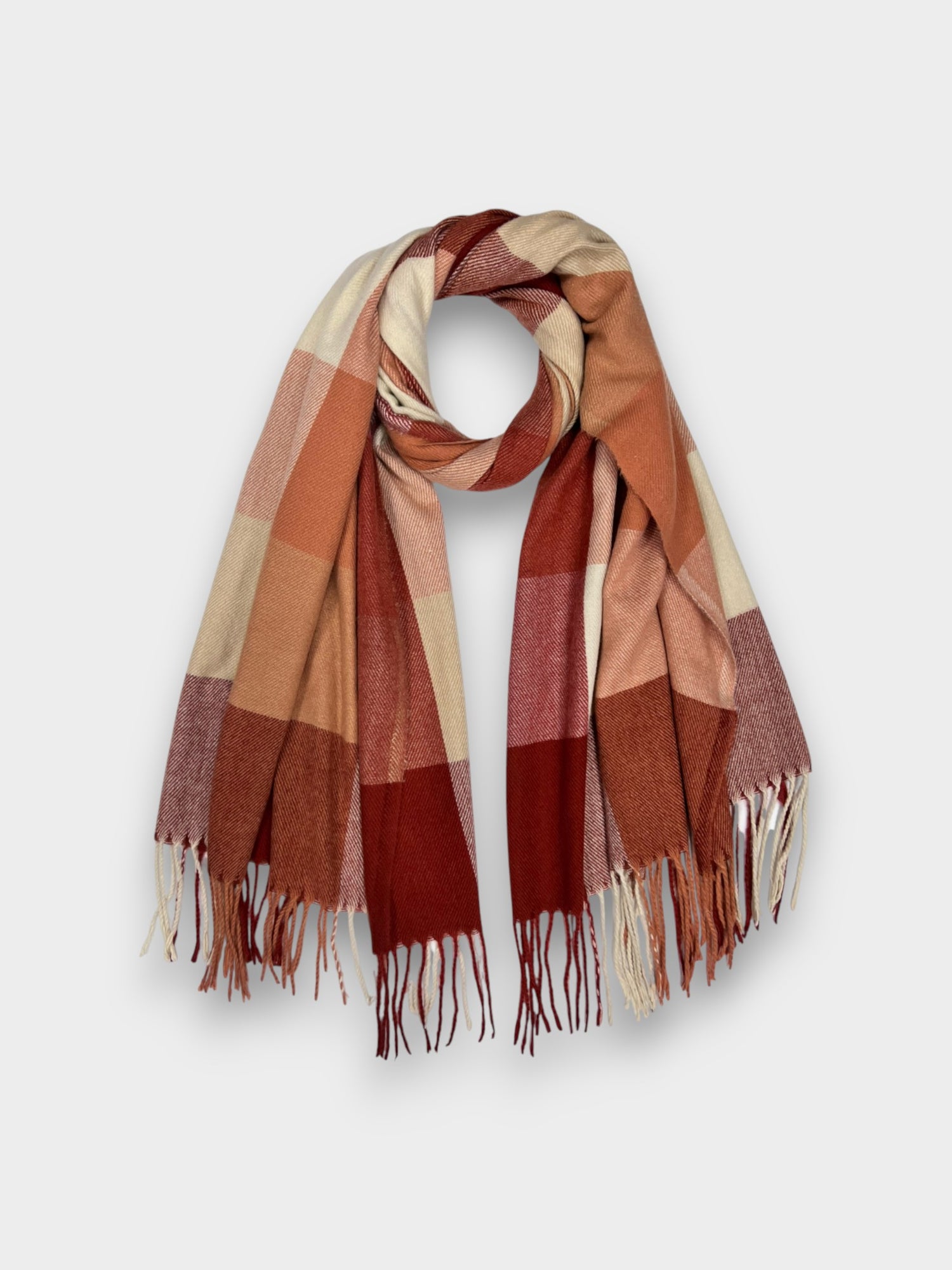 Super soft festive multi check scarf with tassels - Rust