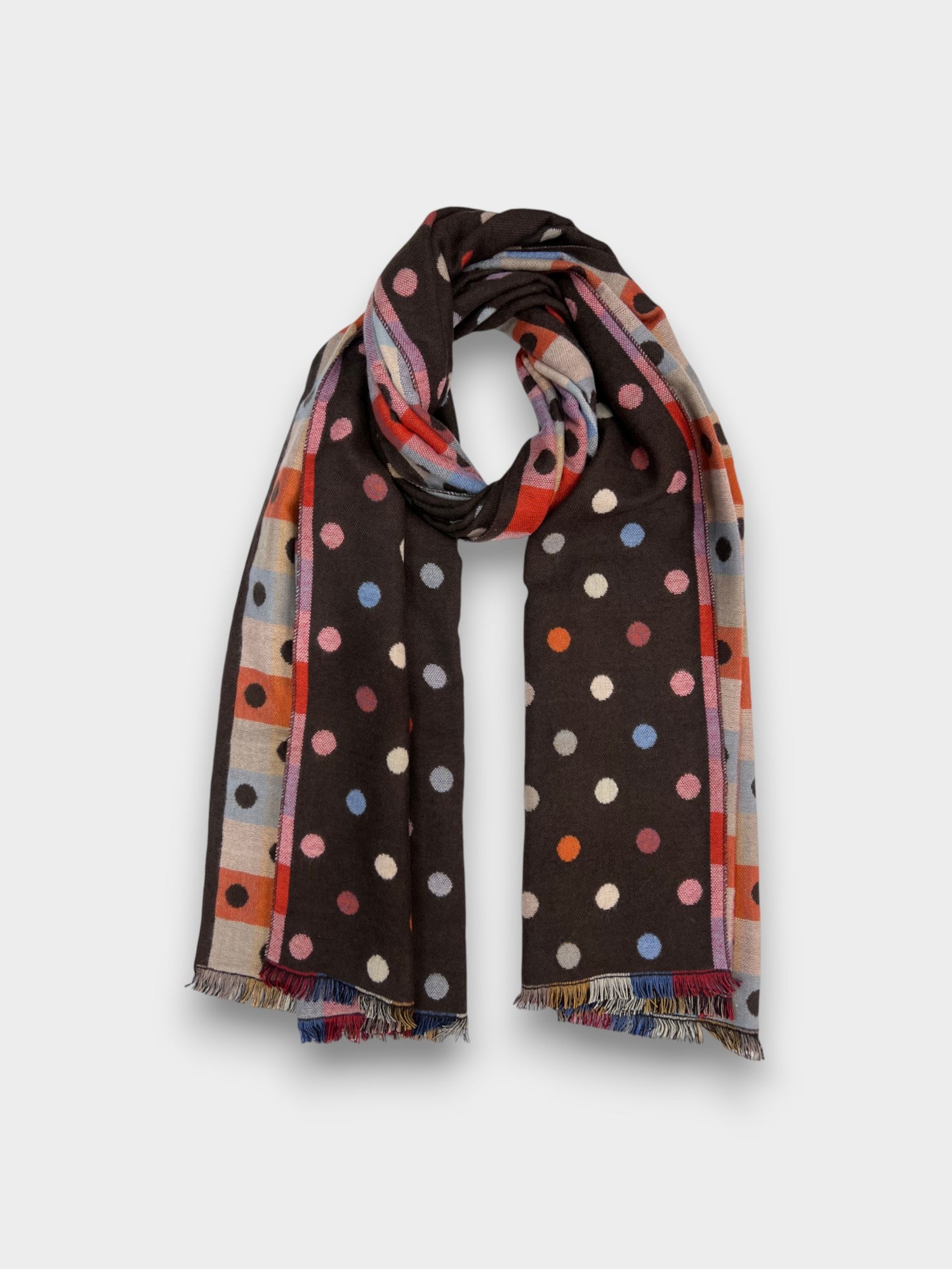 Printed Multi Colourful Revisable Dot Winter Scarves Finished With Fringes - Brown