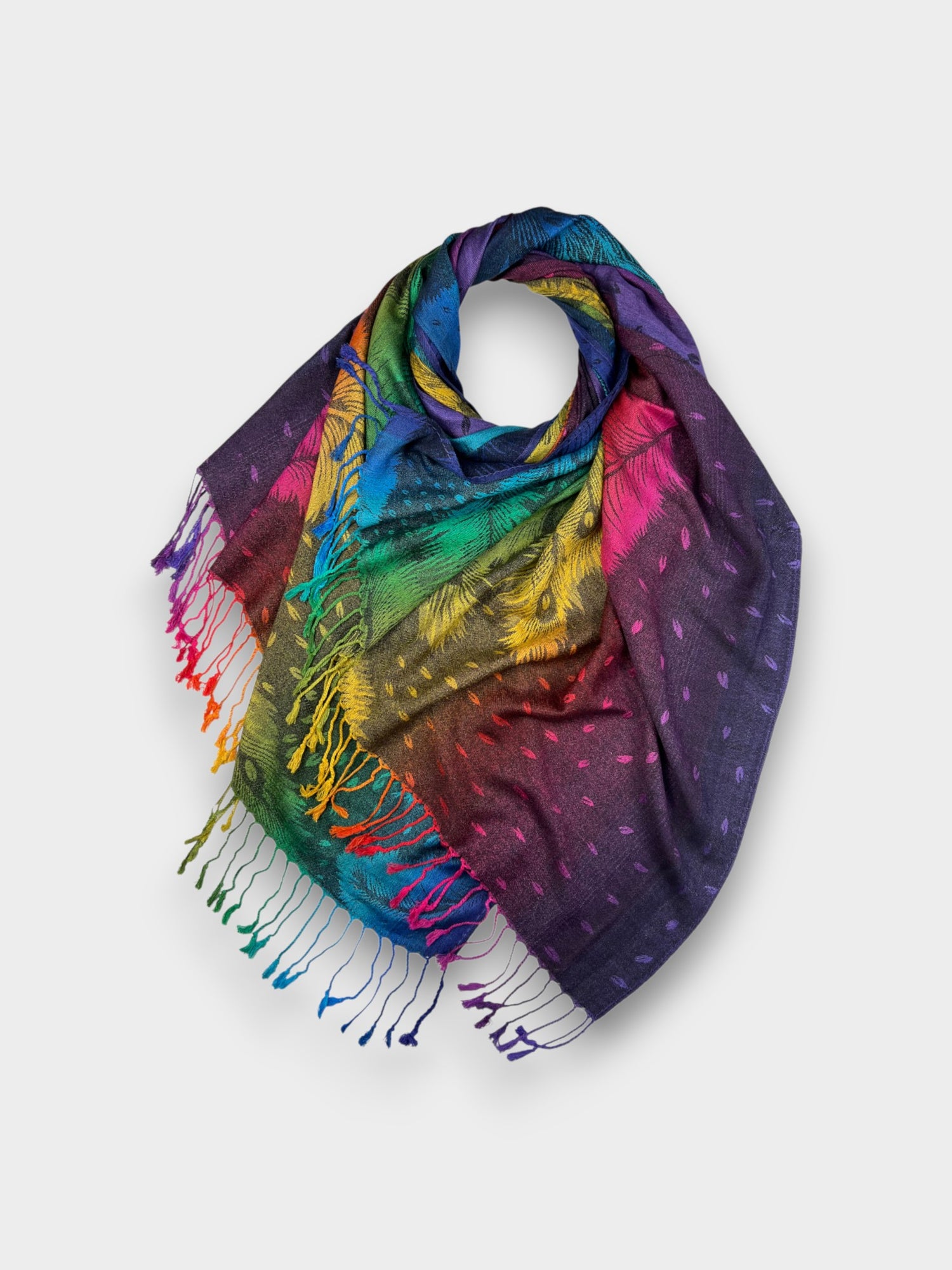 Pashmina With Tassels - Rainbow Feather Print - Black