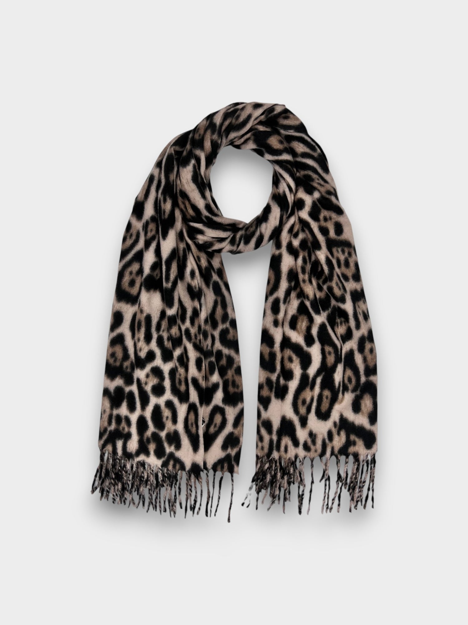 Classic leopard winter scarf with tassels on each end - Taupe