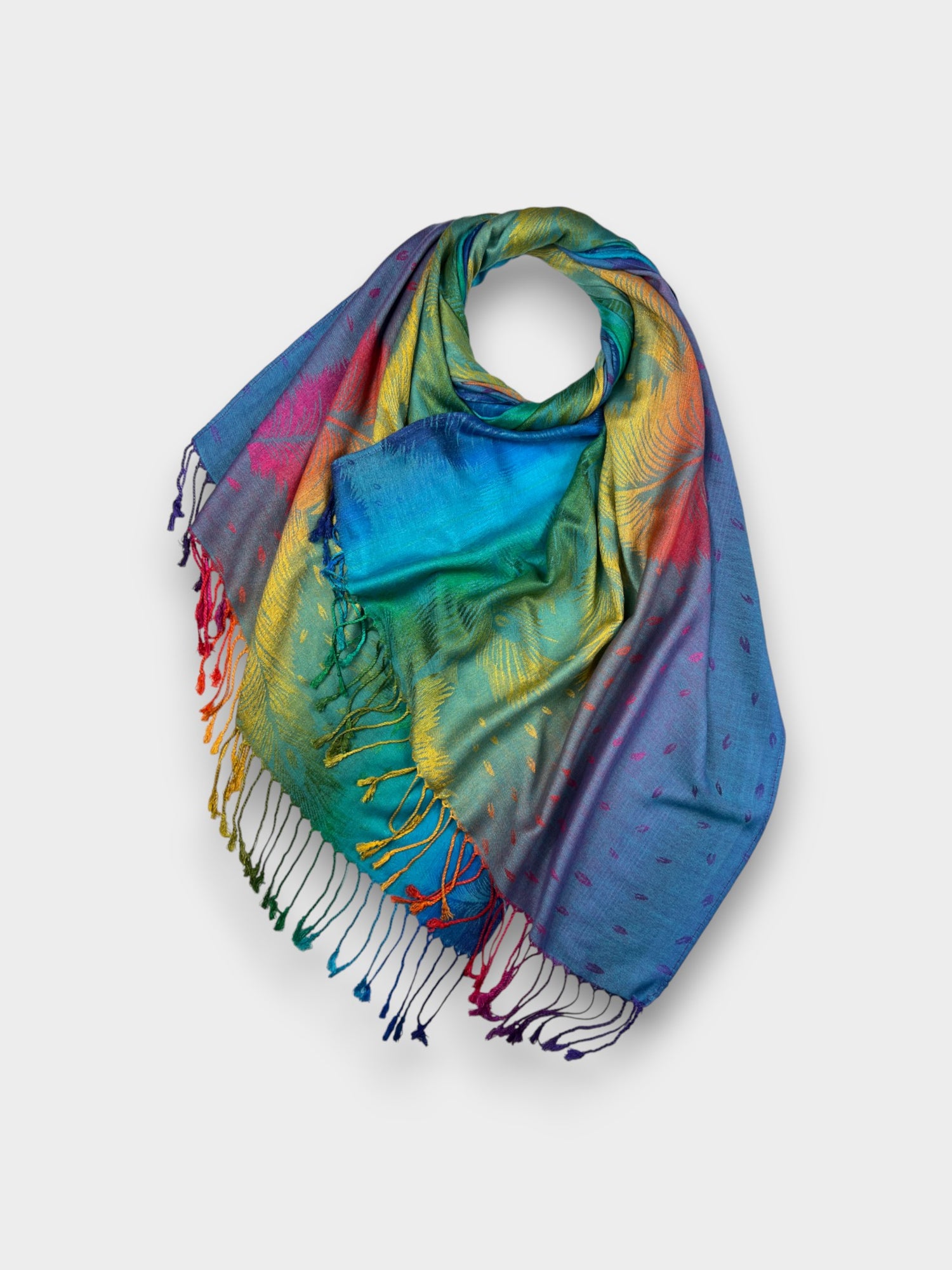 Pashmina With Tassels - Rainbow Feather Print - Aqua