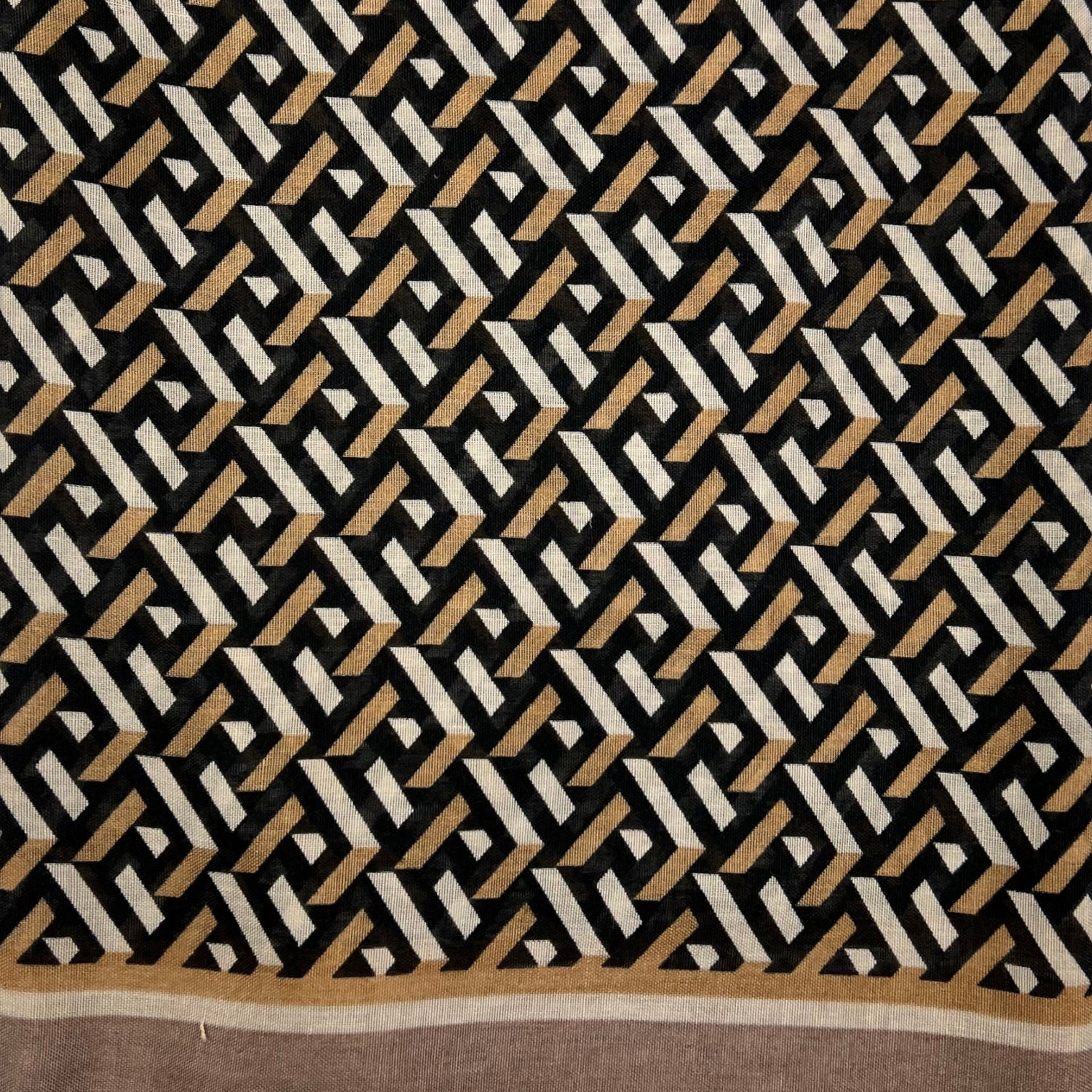 Printed Square Patterned Lightweight Scarf With Fringes - Mocca