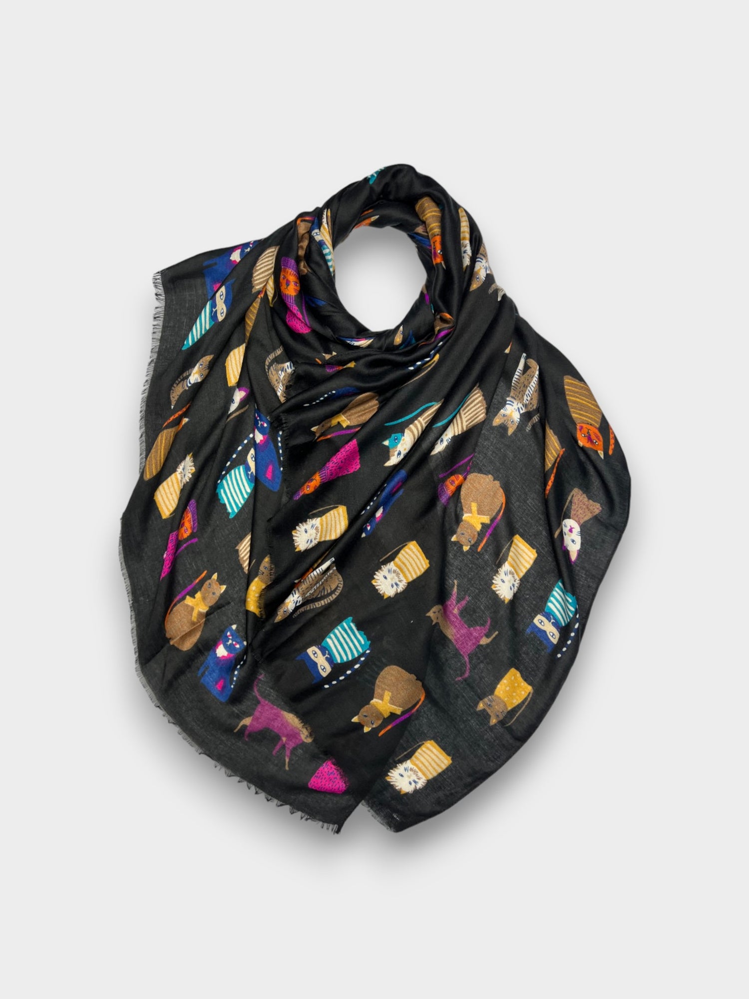 Cats Prints On Lightweight Scarf With Fringes - Black