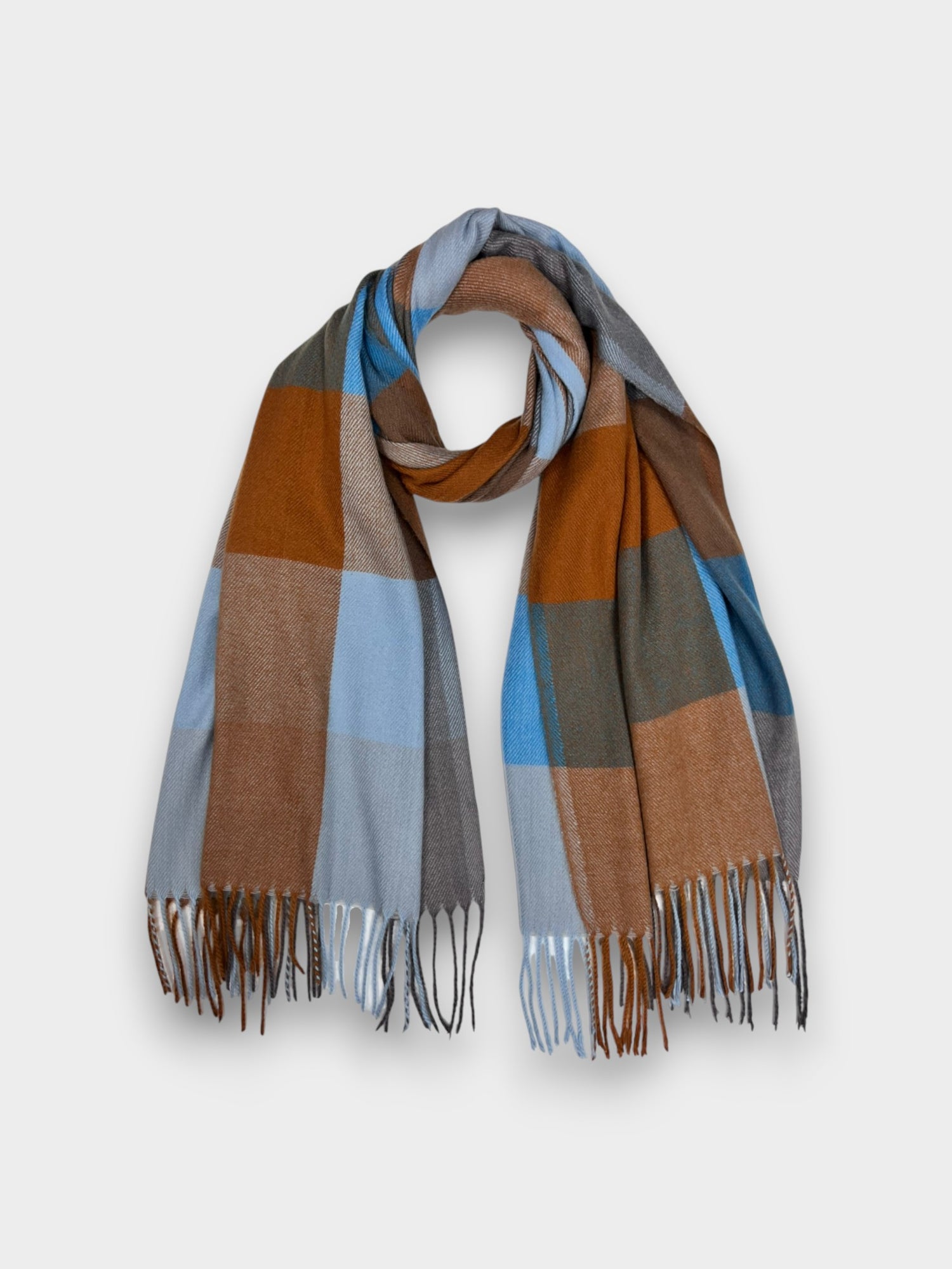 Super soft festive multi check scarf with tassels - Brown