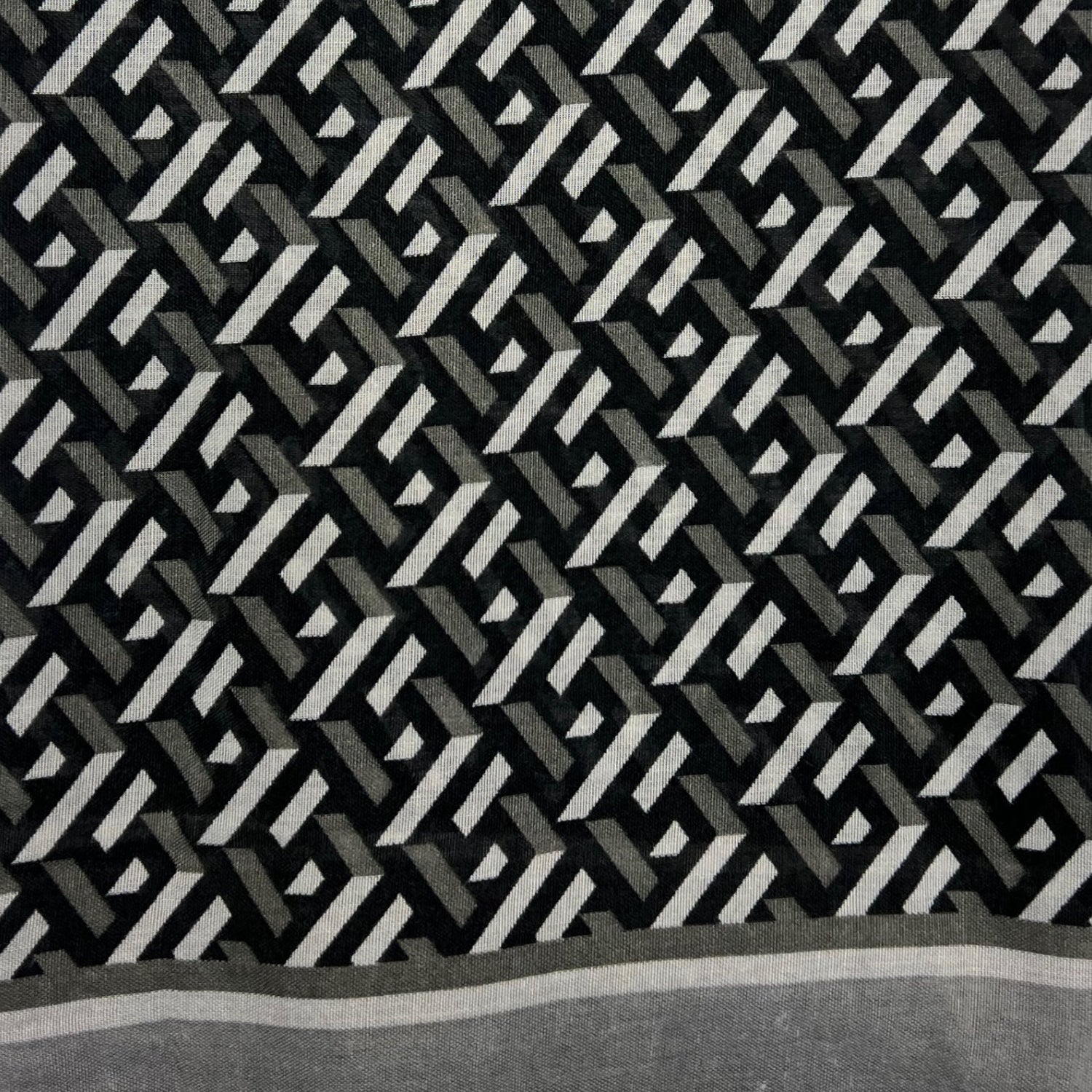Printed Square Patterned Lightweight Scarf With Fringes - Black