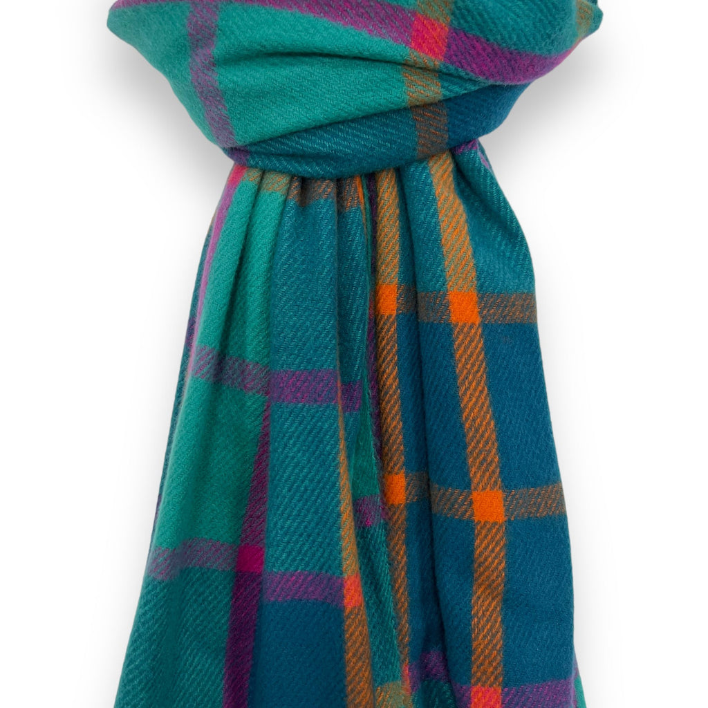 Festive check scarf in multi colours finished with tassels