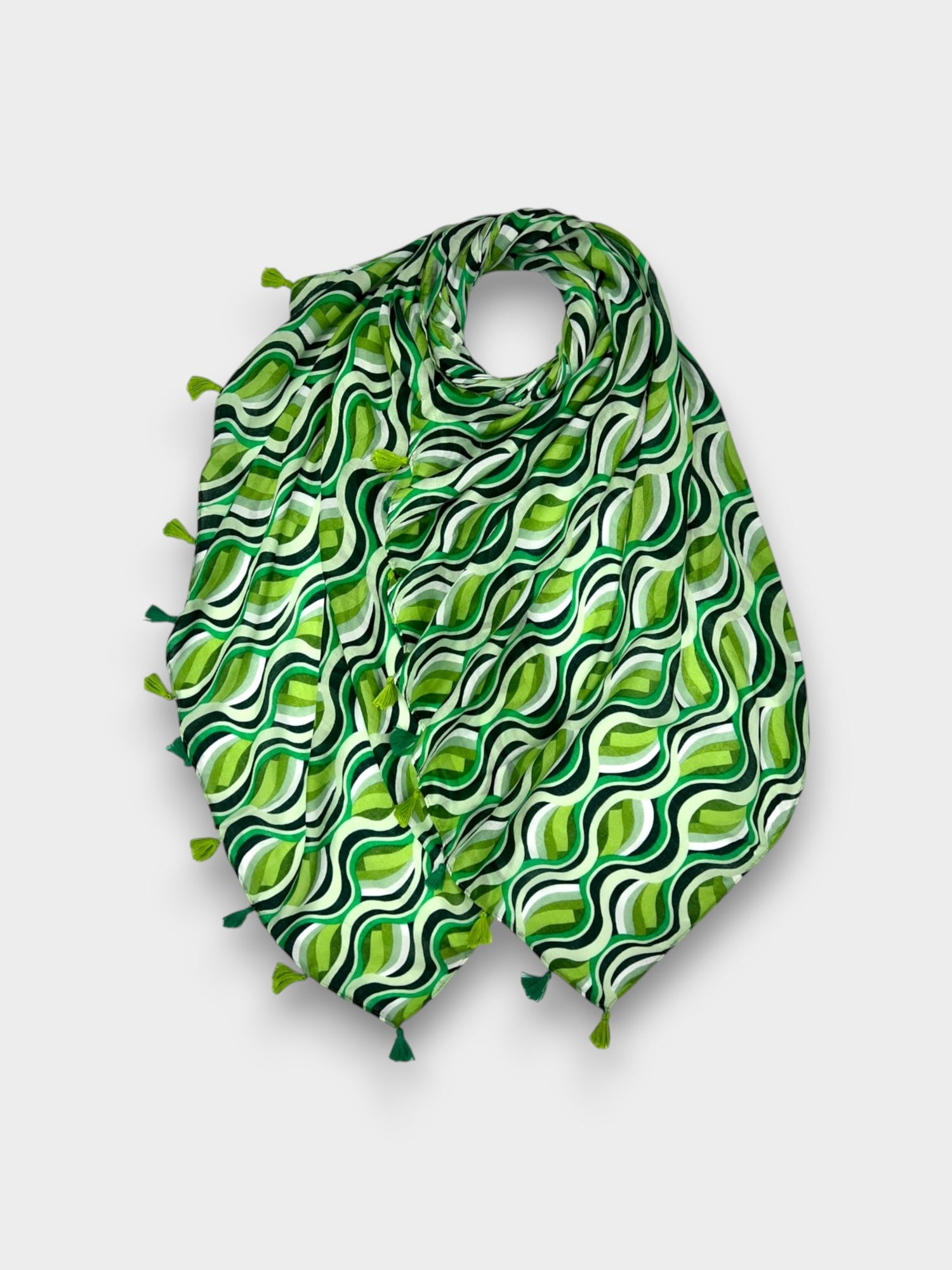 Retro Swirl waves printed scarf finished with tassels - Green
