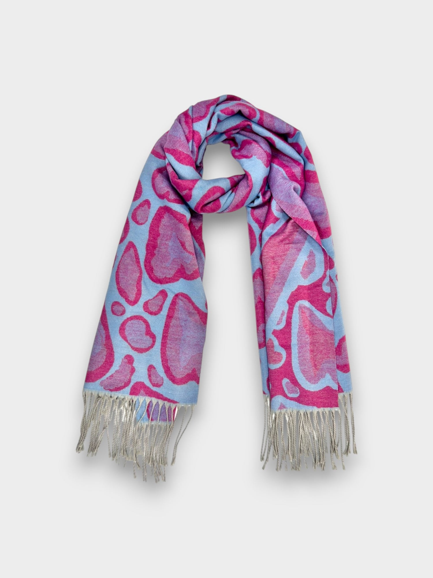 Bold Leopard Print Scarf with Tassels - Light Blue Fuchia