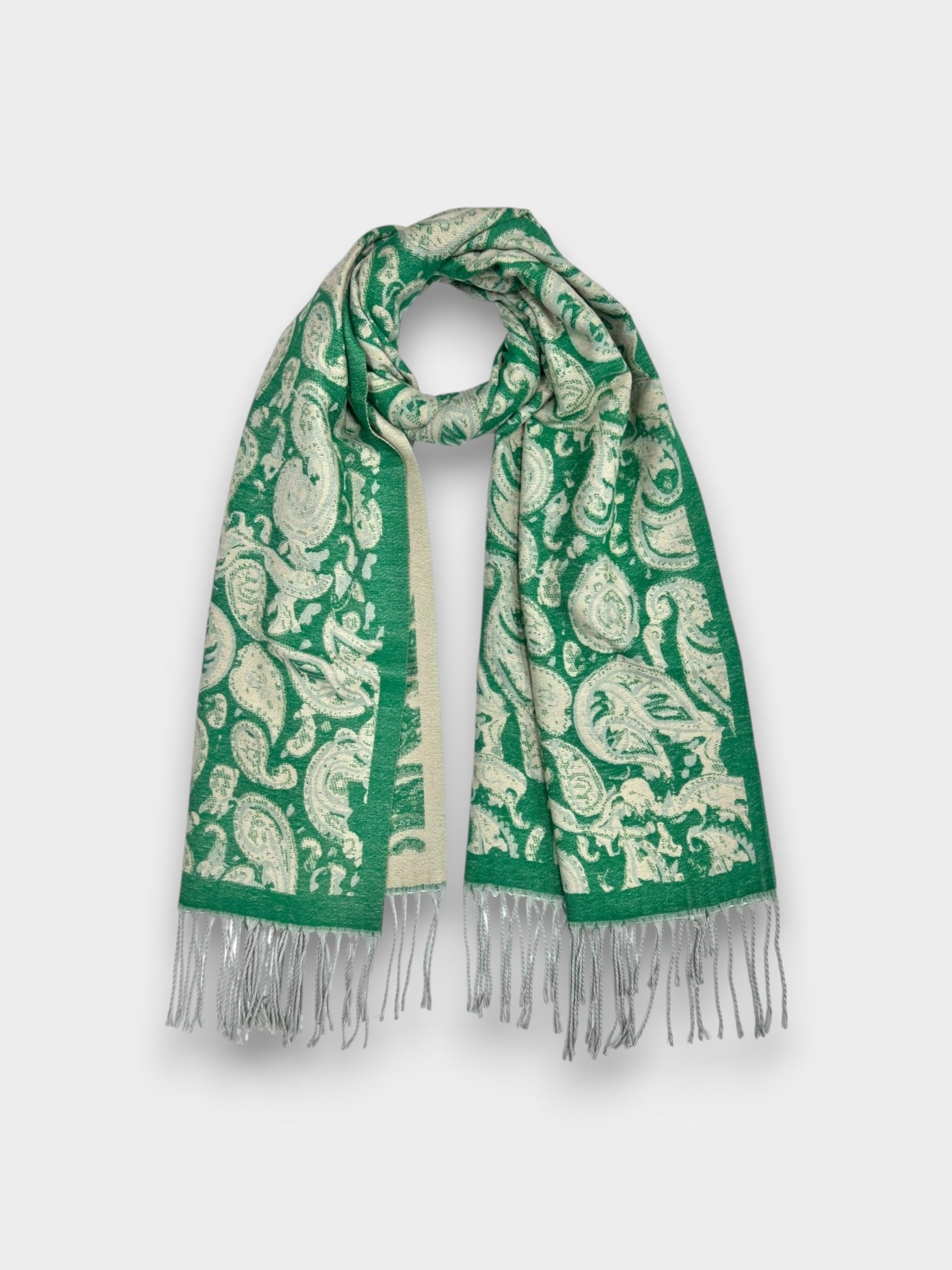 Elegant Paisley Wool Blend Scarf with tassels - Green