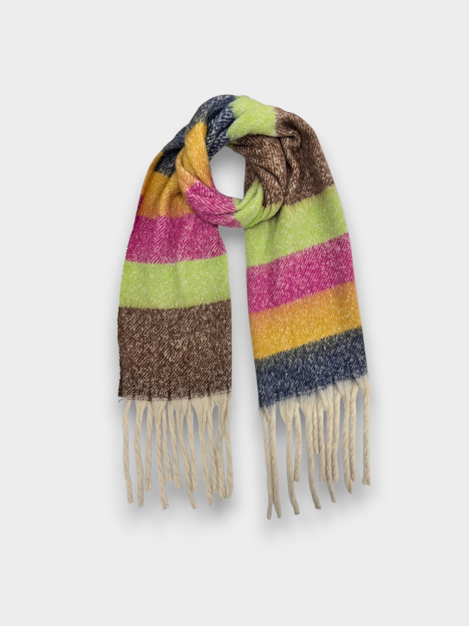 Fluffy striped blanket scarf with tassels - Lime Brown