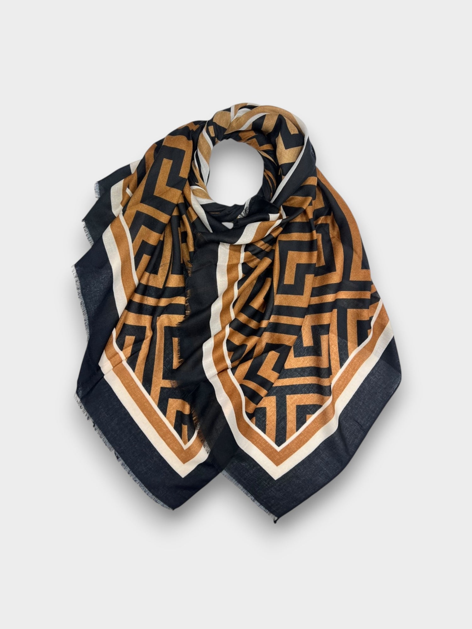 Classic big maze print scarf finished with fringes - Brown