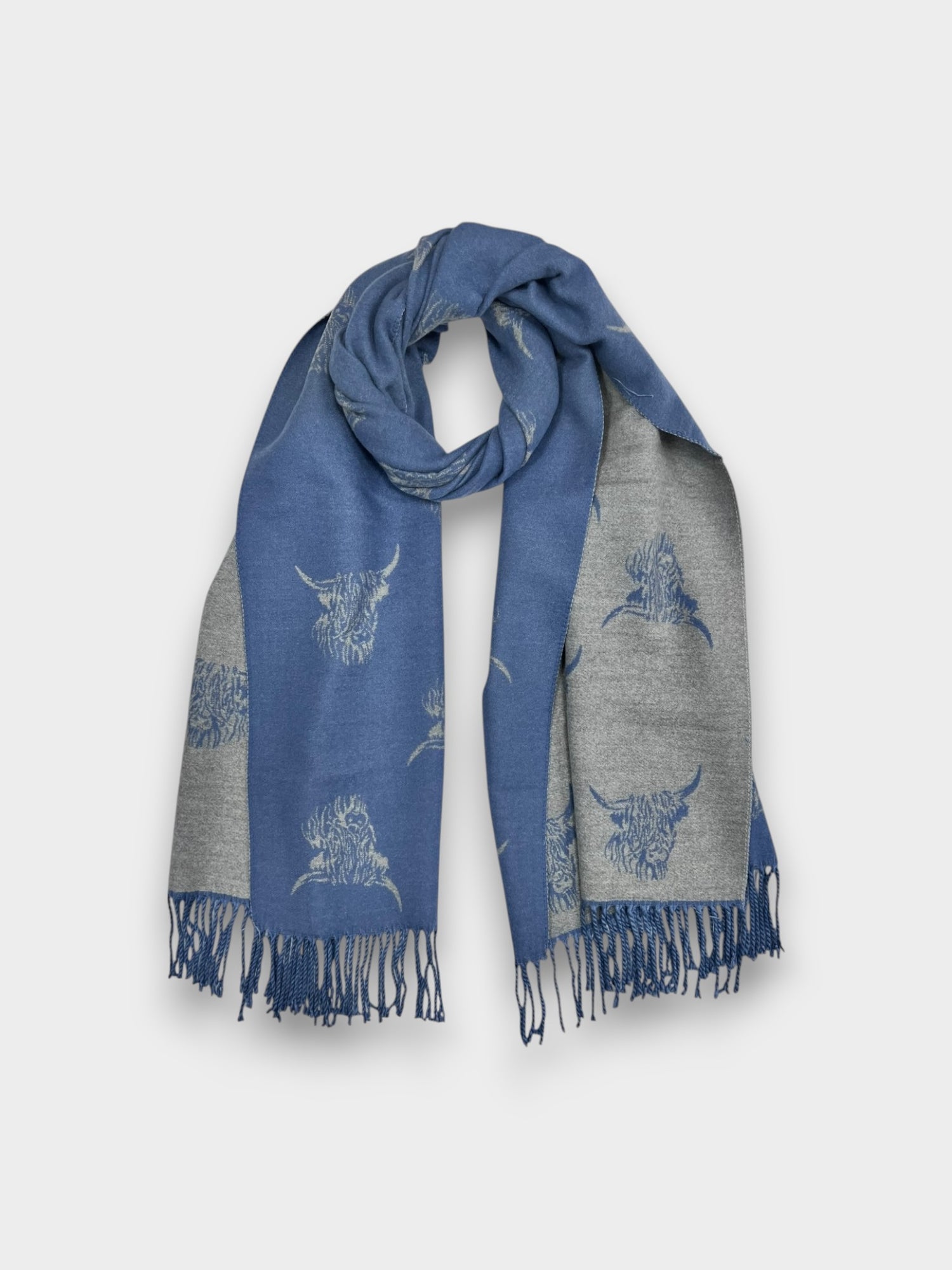 Highland cow on cashmere reversible blend scarf - Denim