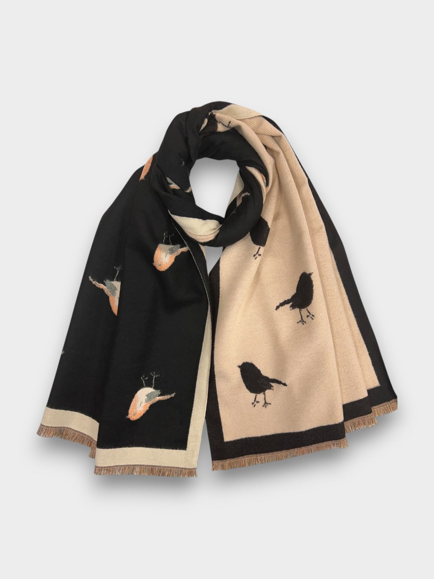 Robin Embroidered Print Winter Scarf on Reversible Cashmere Blend - Black