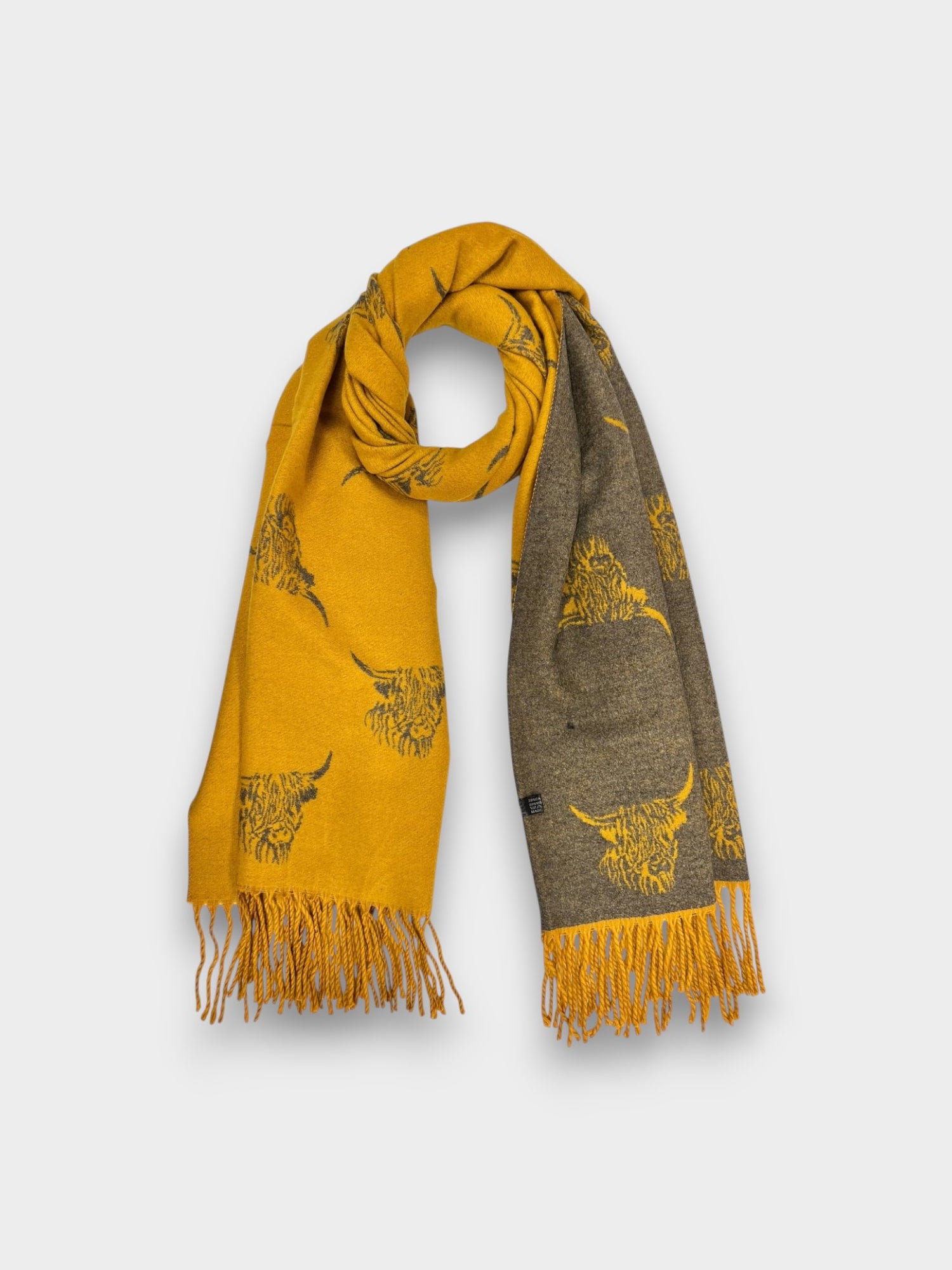 Highland cow on cashmere reversible blend scarf - Mustard