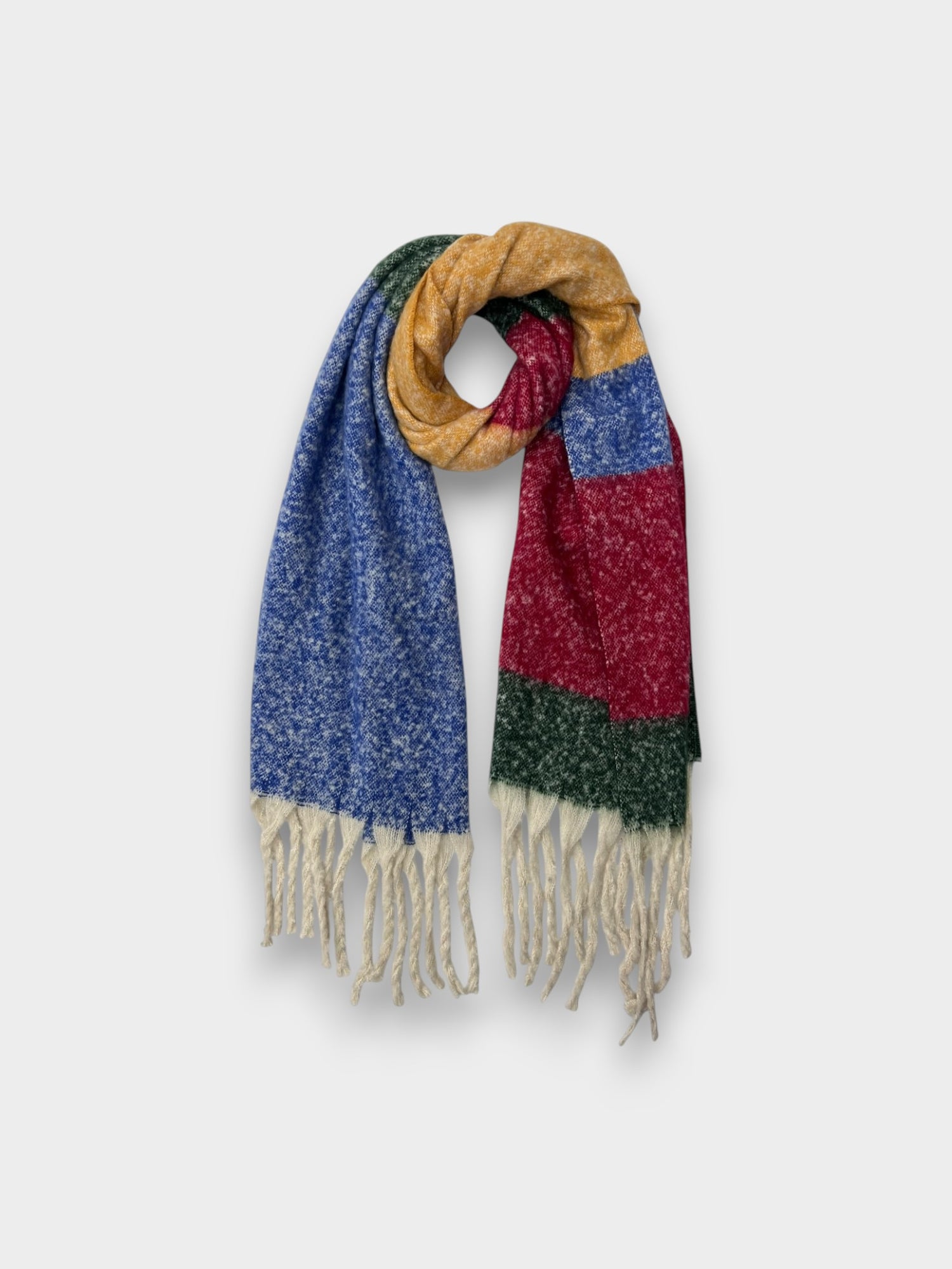 Fluffy colourful block scarf with tassels - Navy
