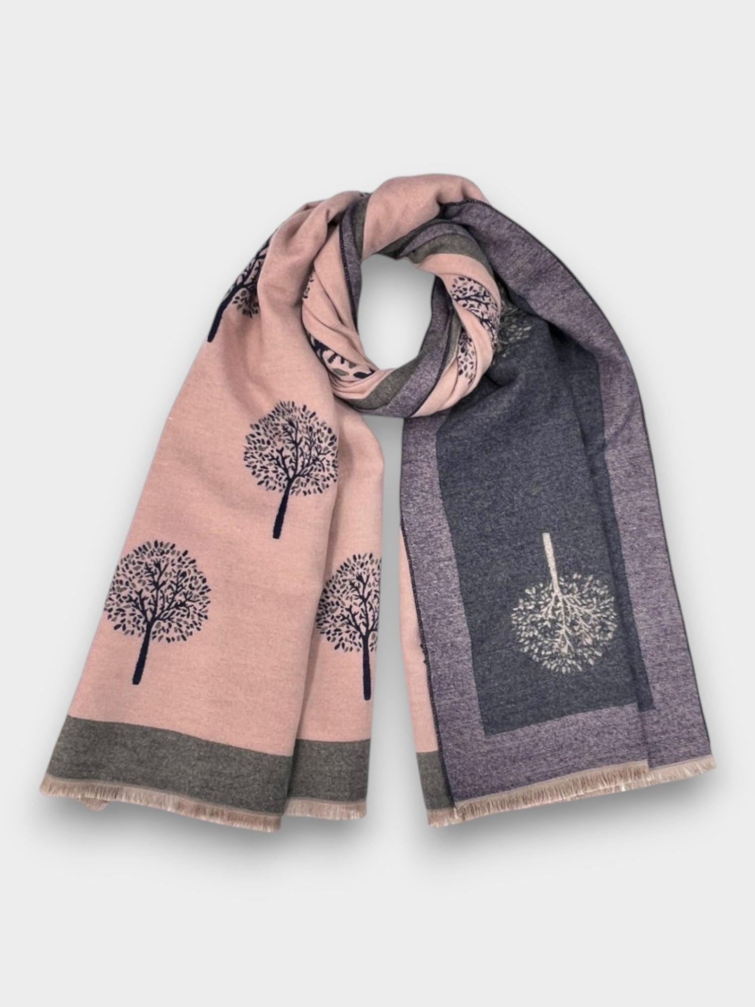 New Tree Print With Border Cashmere Mix 2 Tone Reversible Winter Scarf - Pink Denim