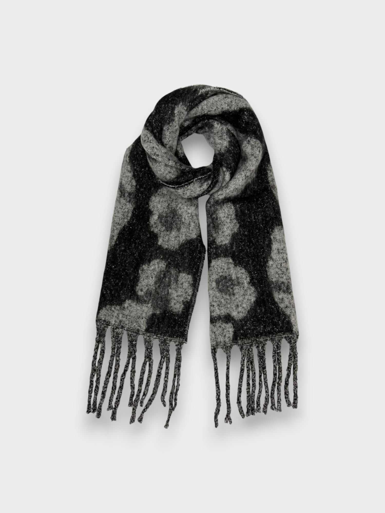 Fluffy Leopard Print Winter Scarf with Tassels - Black