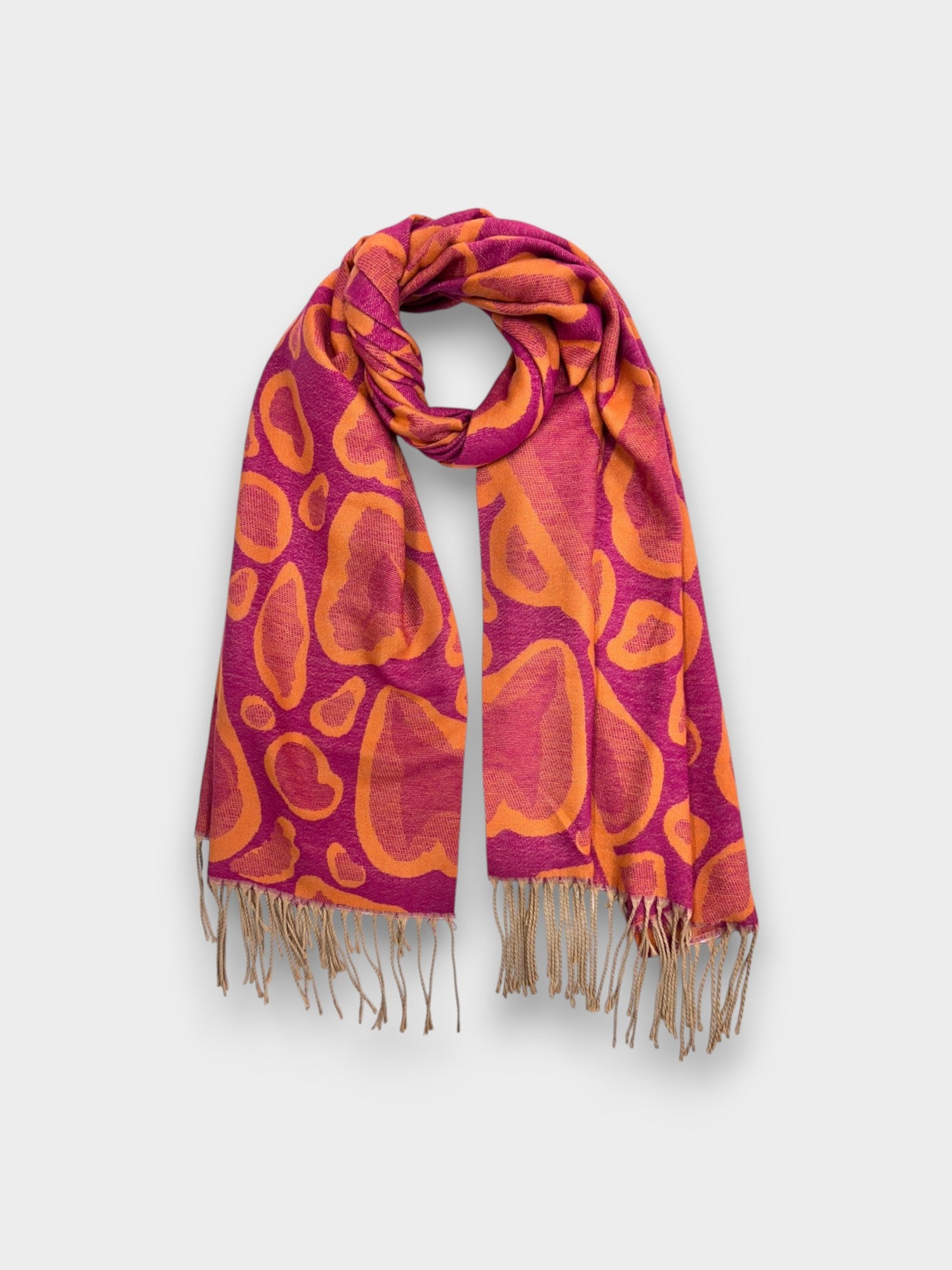 Bold Leopard Print Scarf with Tassels - Magenta Orange