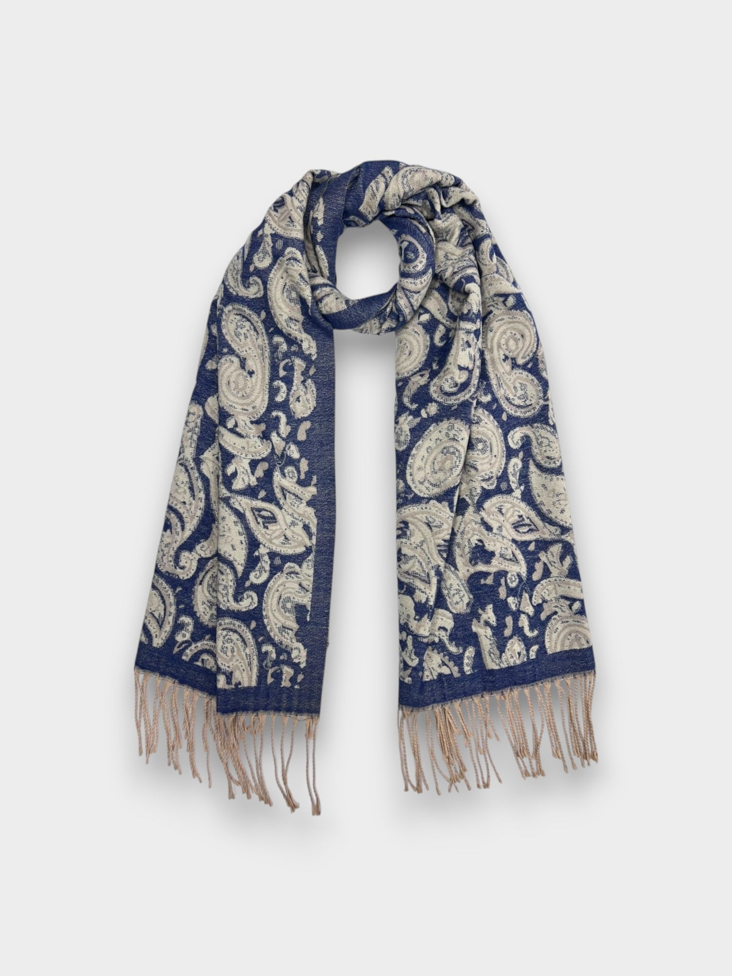 Elegant Paisley Wool Blend Scarf with tassels - Navy