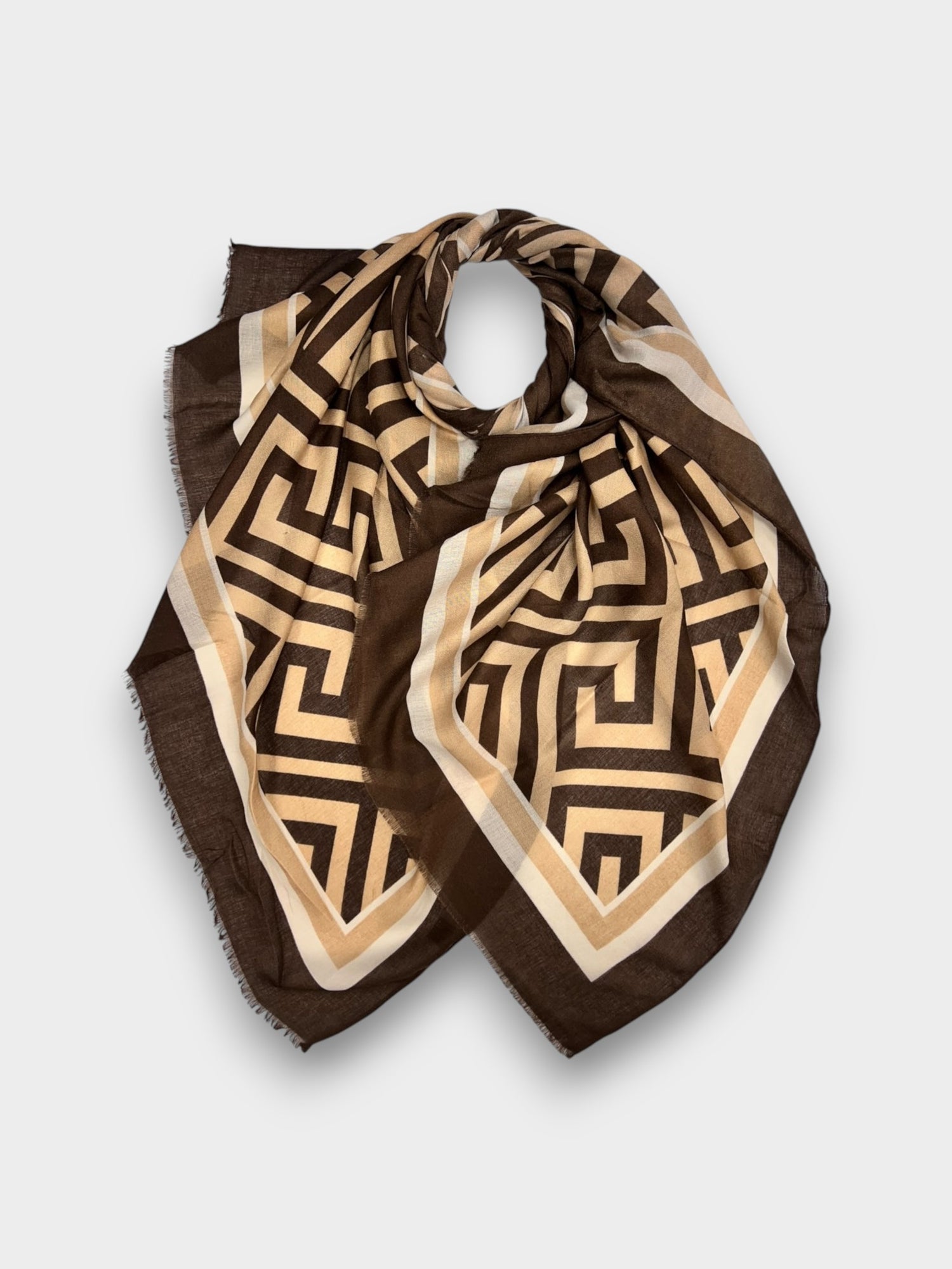 Classic big maze print scarf finished with fringes - Taupe
