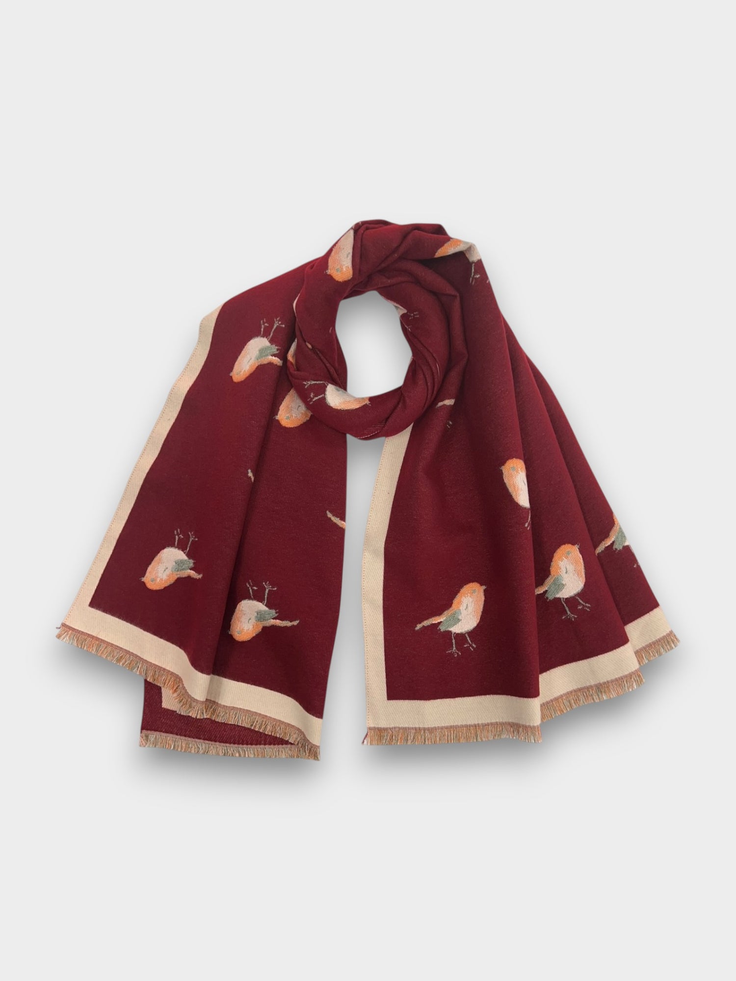Robin Embroidered Print Winter Scarf on Reversible Cashmere Blend - Charcoal