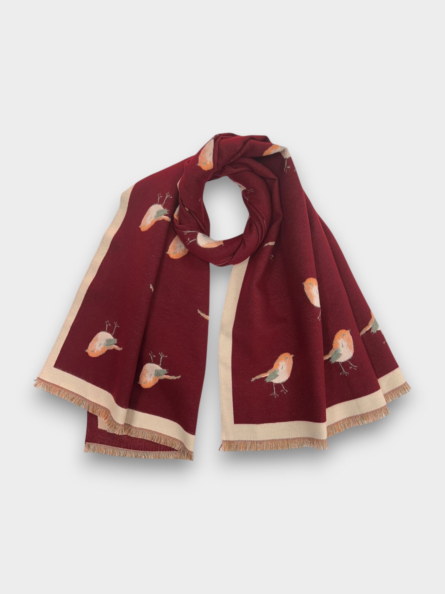 Robin Embroidered Print Winter Scarf on Reversible Cashmere Blend