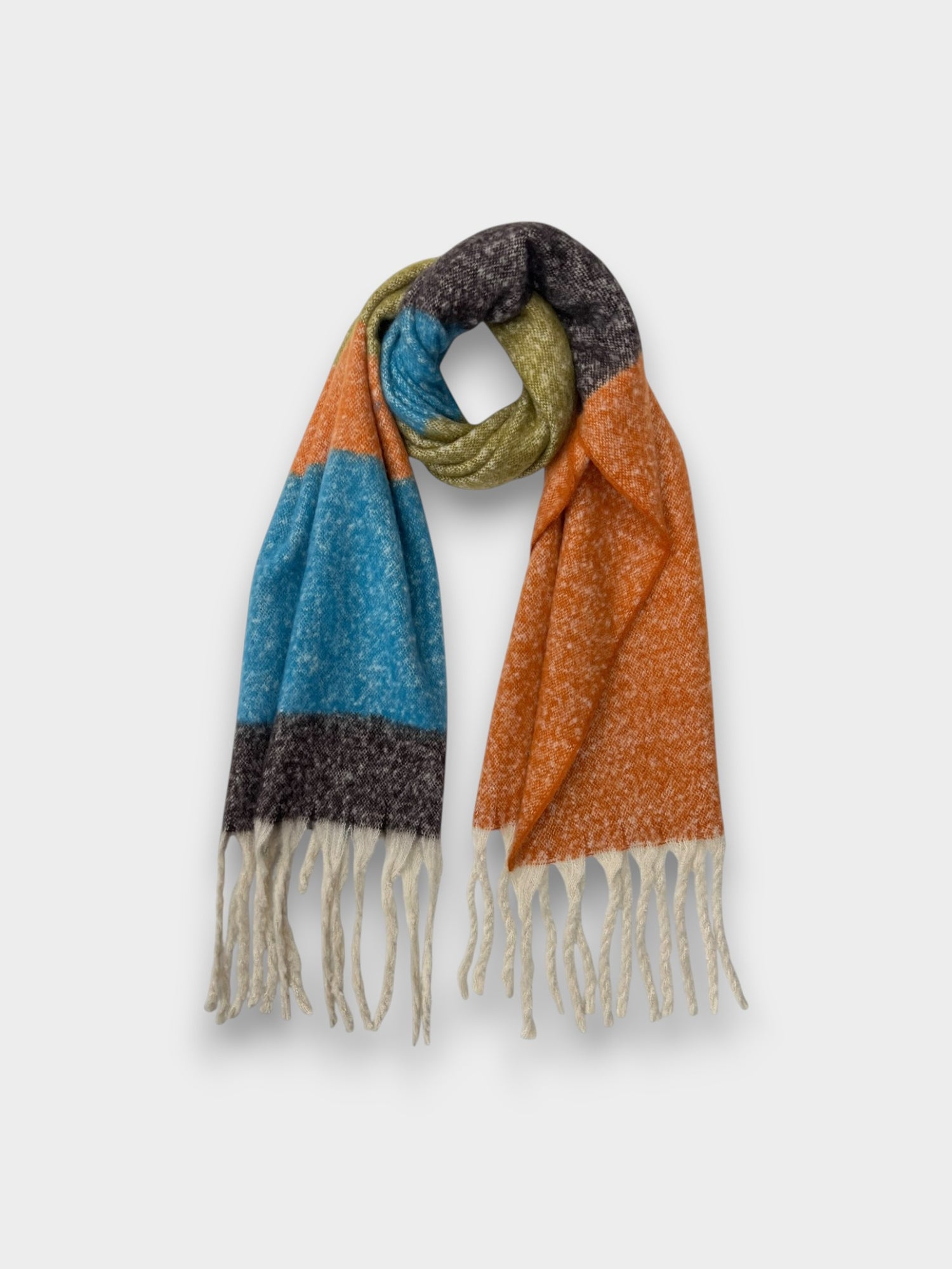 Fluffy colourful block scarf with tassels - Rust